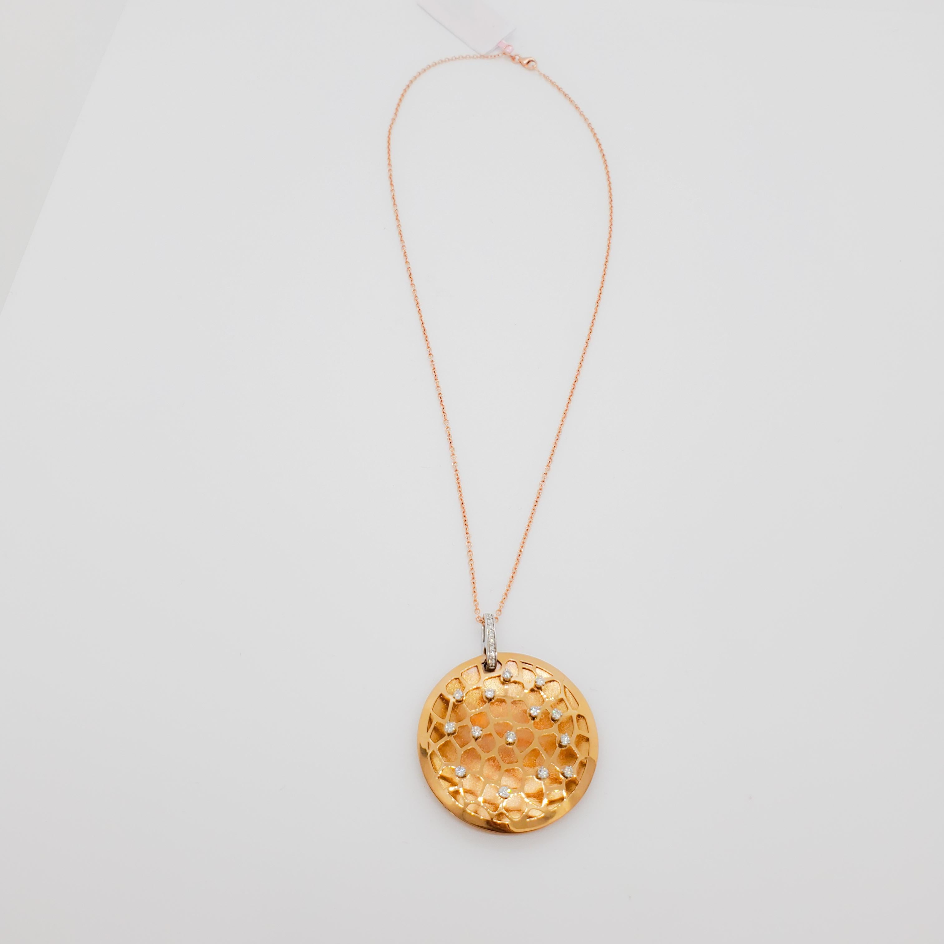 Women's or Men's White Diamond and 18k Rose Gold Pendant Necklace