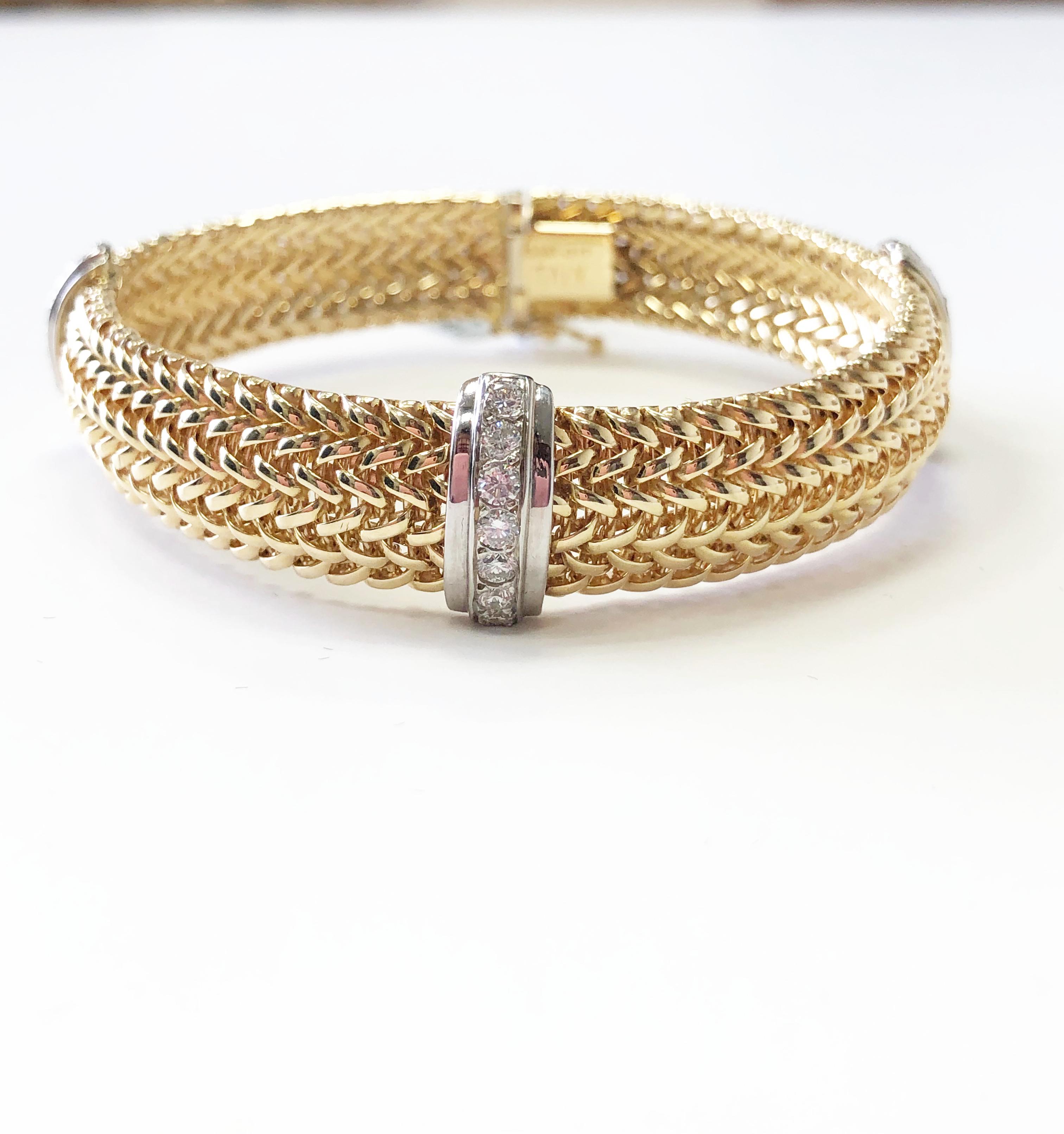 Beautiful white diamond and 2 tone 14k yellow gold and white gold bracelet.  1.00 carats of white bright good quality diamond rounds in a classic design.  Handmade and 7.25