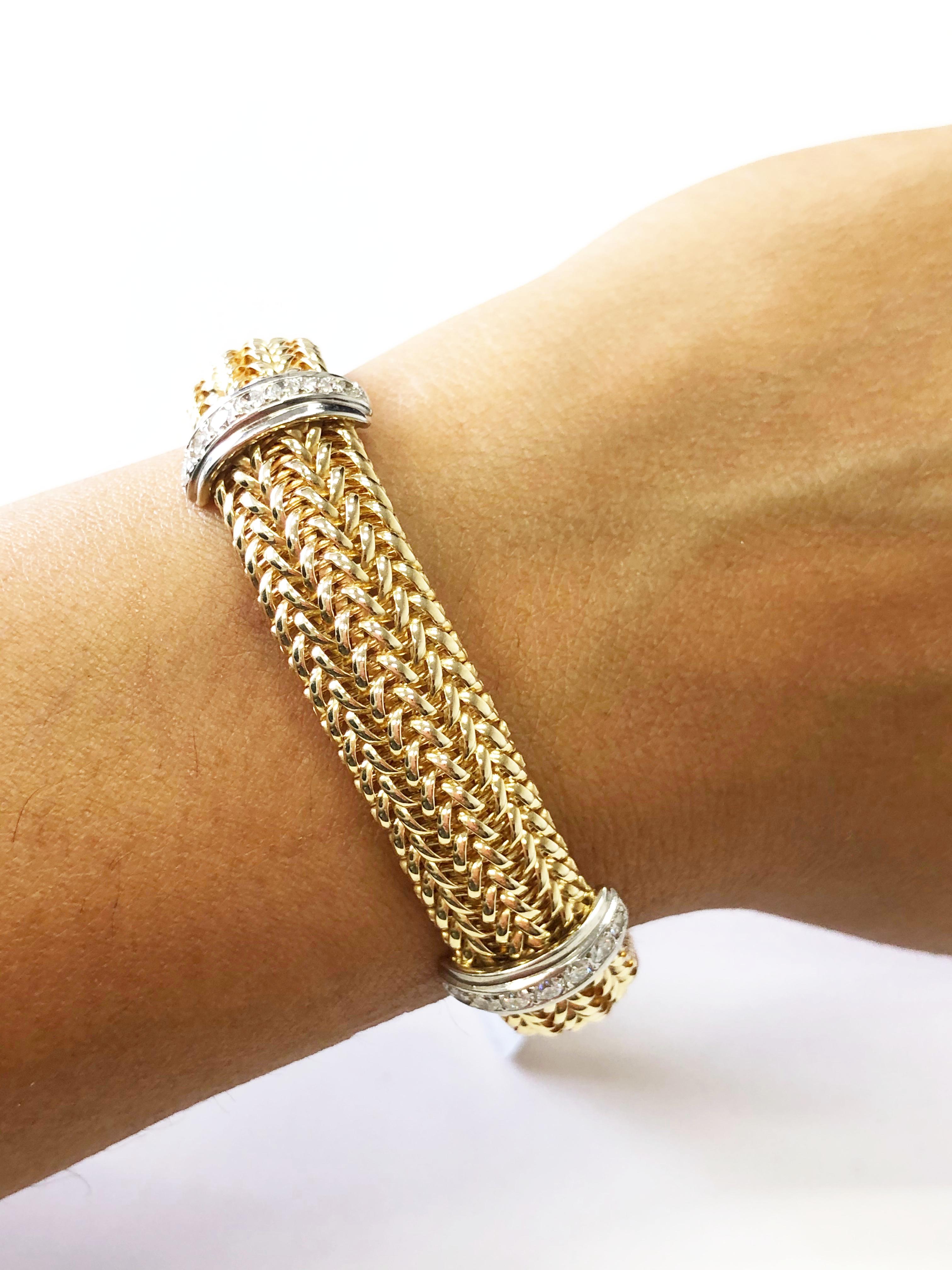 Women's or Men's White Diamond and 2-Tone 14 Karat Gold Bracelet