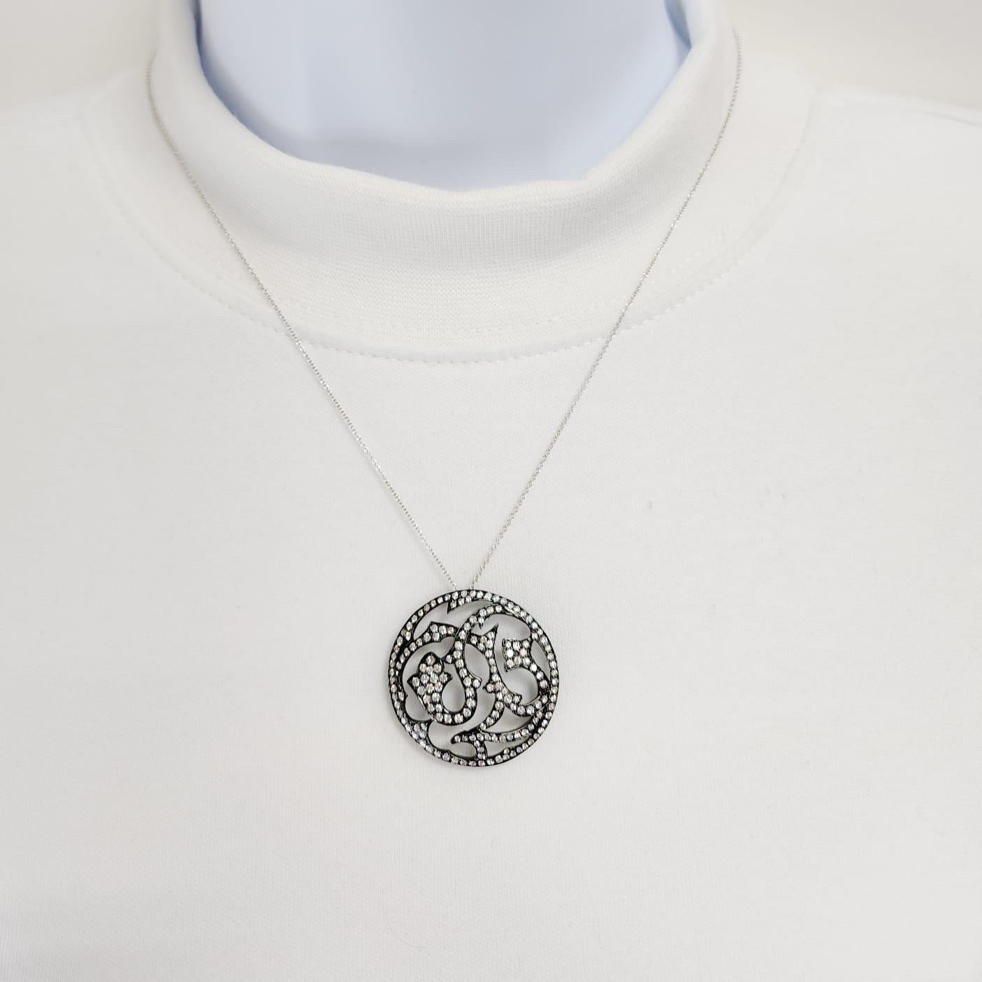 Round Cut White Diamond and Black Rhodium Medallion Pendant in 18k Gold For Sale