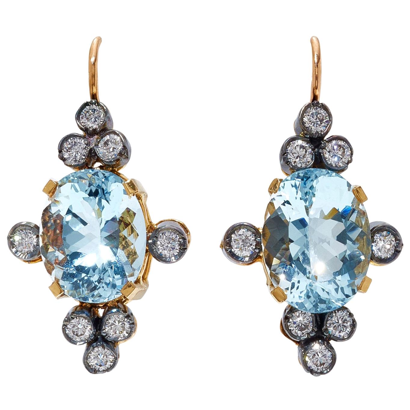 White Diamond and Blue Aquamarine Gold and Silver Antique Style Drop Earrings For Sale
