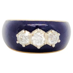 Vintage White Diamond and Blue Enamel Band Ring in 18k Yellow Gold