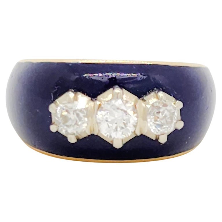 White Diamond and Blue Enamel Band Ring in 18k Yellow Gold at 1stDibs