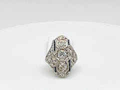 White Diamond and Blue Sapphire Art Deco Ring in 18 White Gold