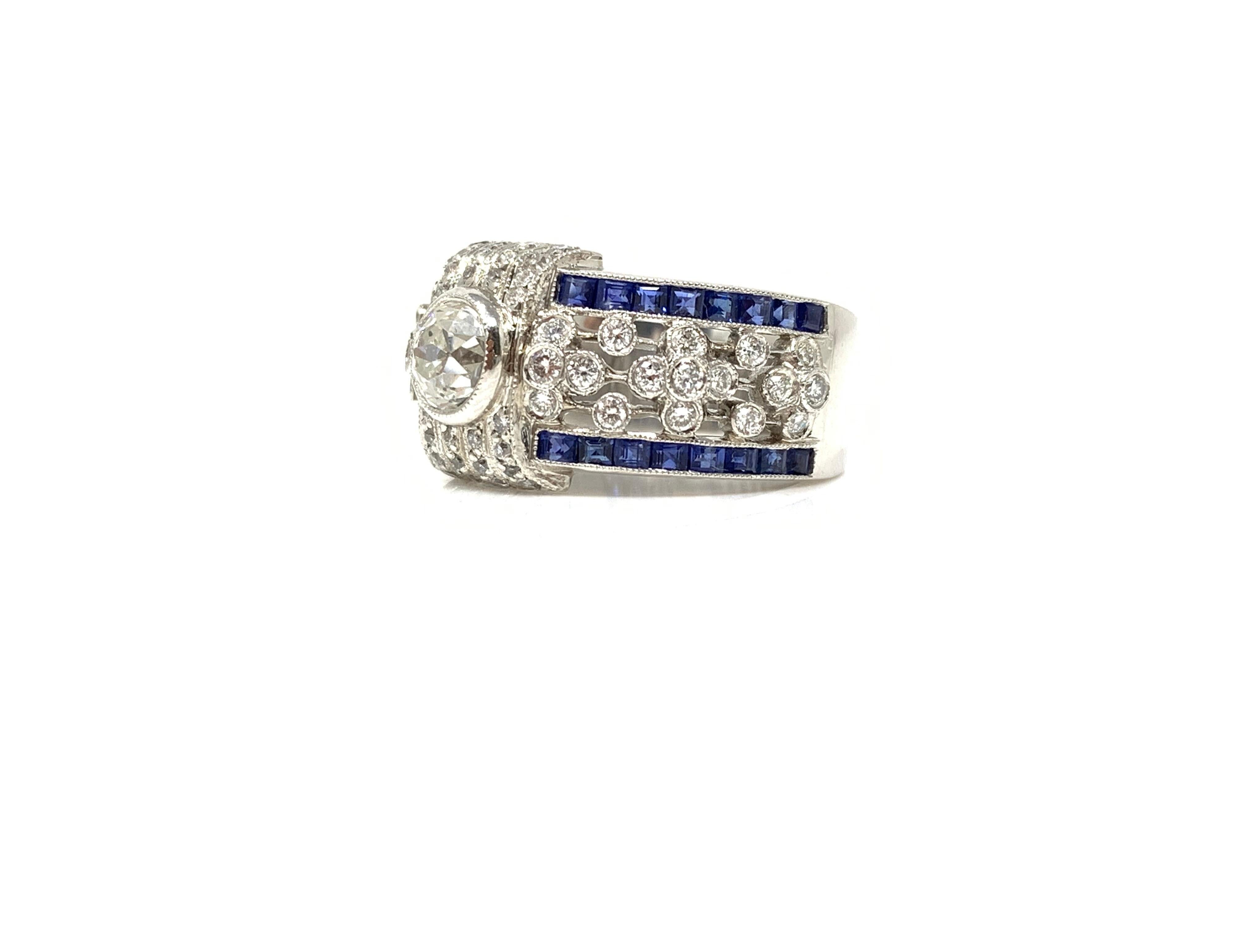 White Diamond and Blue Sapphire Ring in Platinum For Sale 2