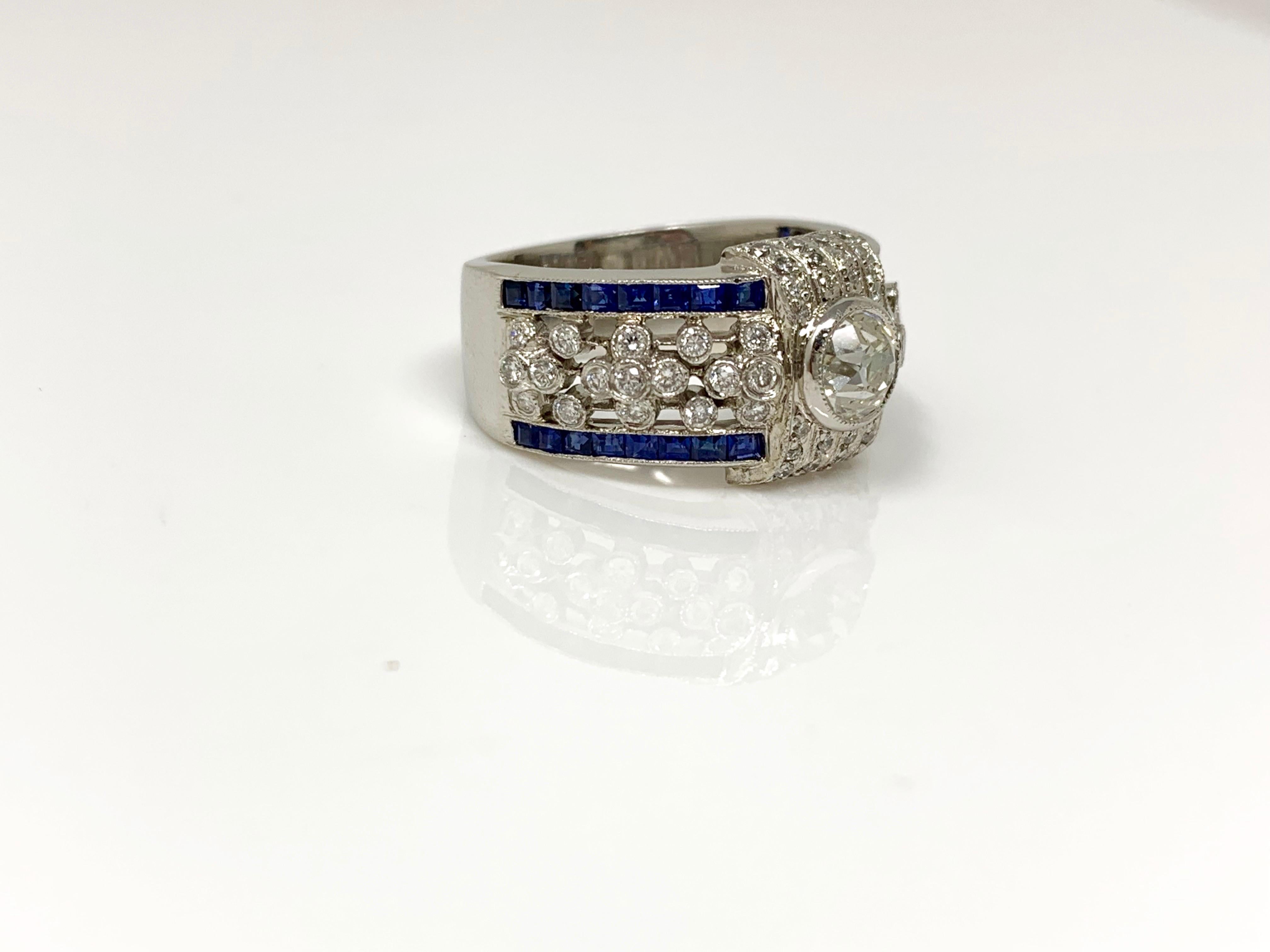 White Diamond and Blue Sapphire Ring in Platinum For Sale 3