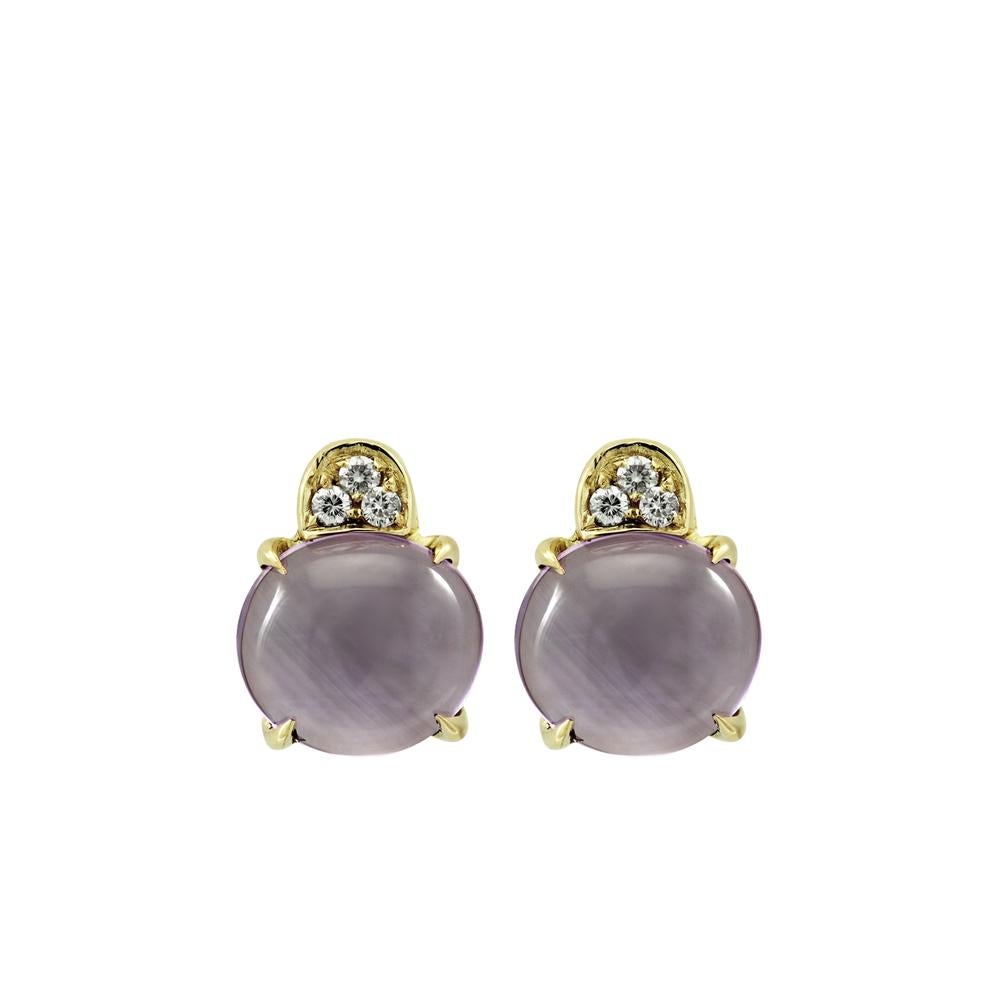 A trio of White VVS-G Diamonds crown two 3ct Cabochon Cut Amethyst Stones set in 18kt Yellow Gold.

The Amethyst stones have been hand cut in our 150 year old Italian workshop by the Goldsmith. We are also able to offer these stud earrings in Black