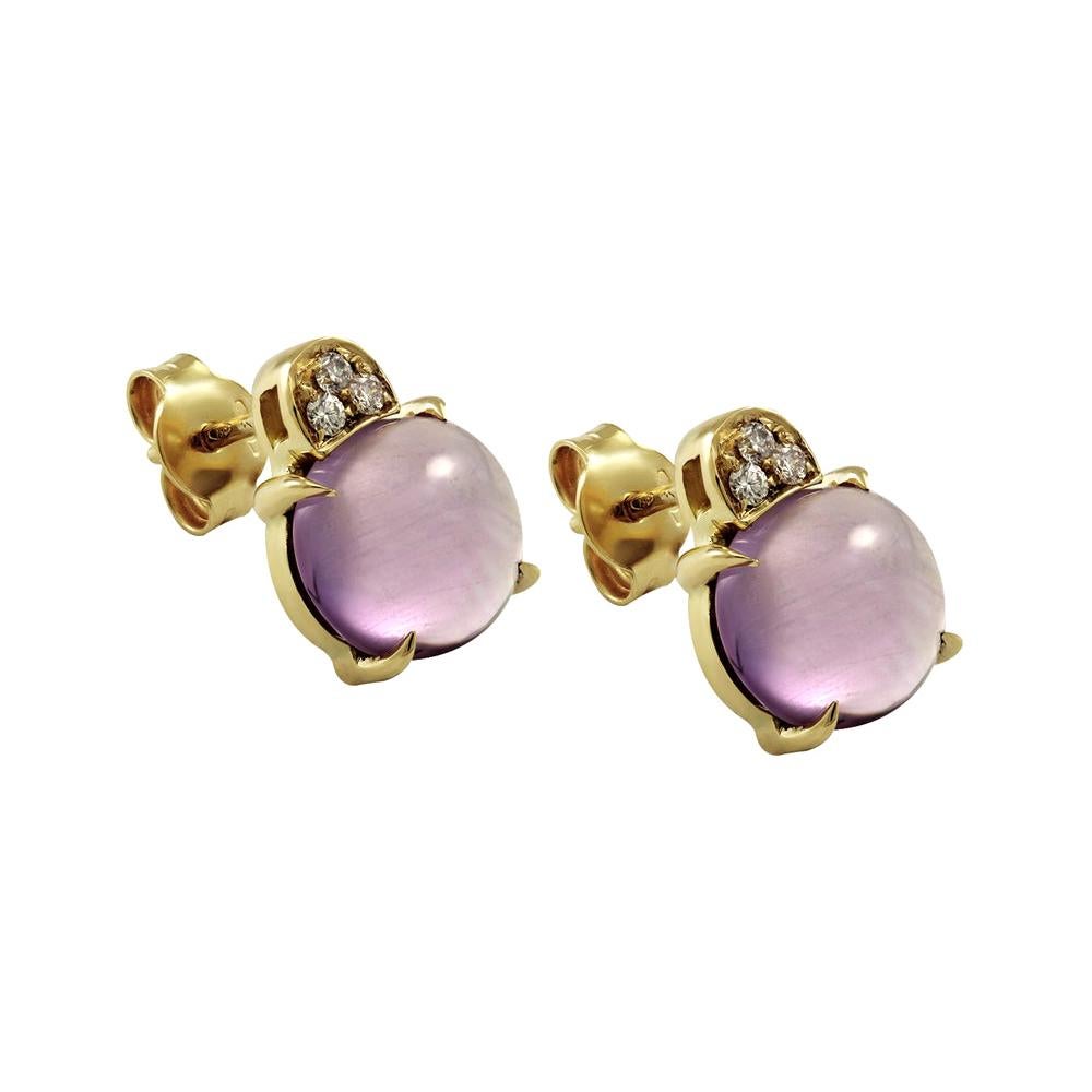 Boucles d'oreilles en or 18 carats de fabrication italienne avec diamants blancs et améthyste taille cabochon en vente