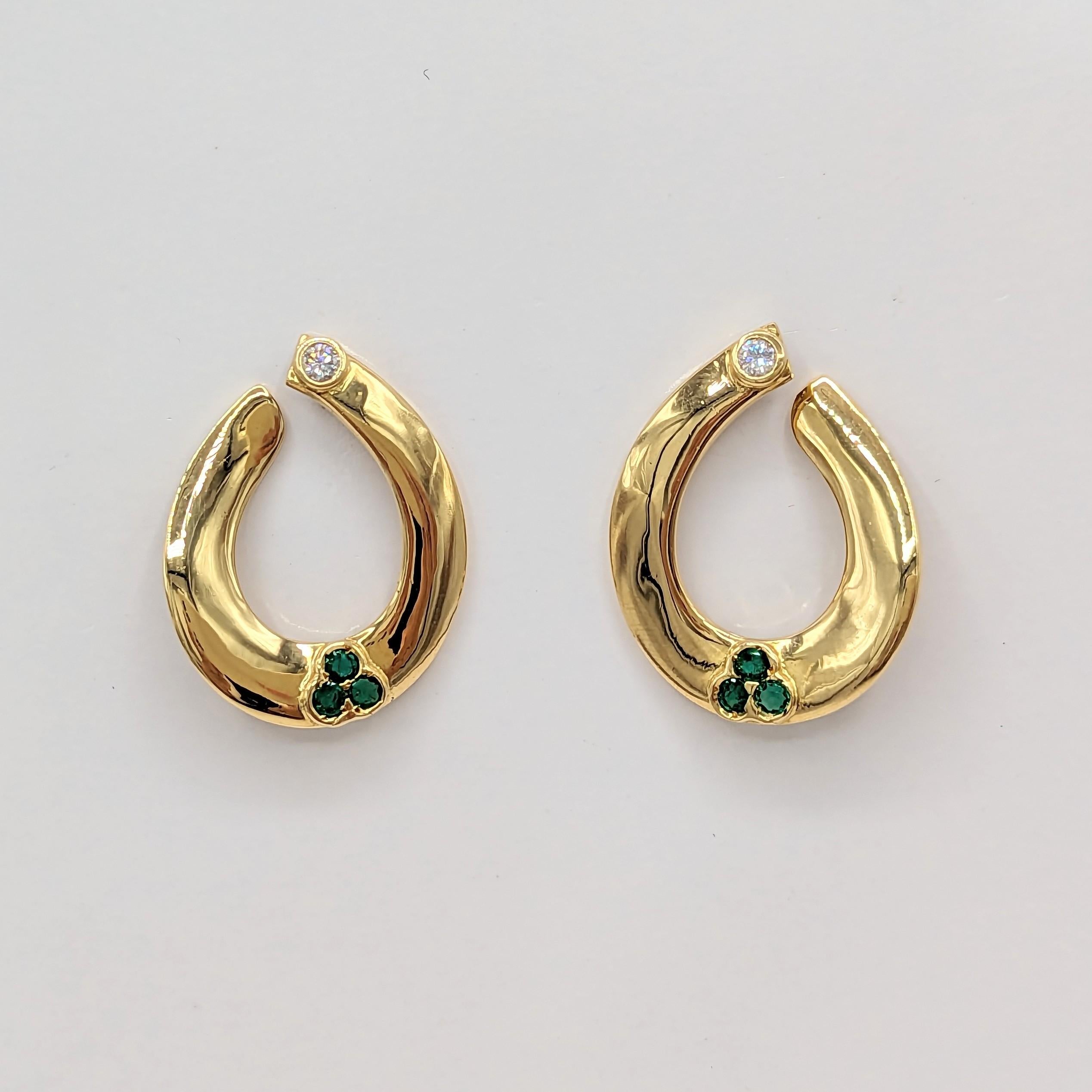 Round Cut White Diamond and Emerald Hoop Earrings in 18K Yellow Gold
