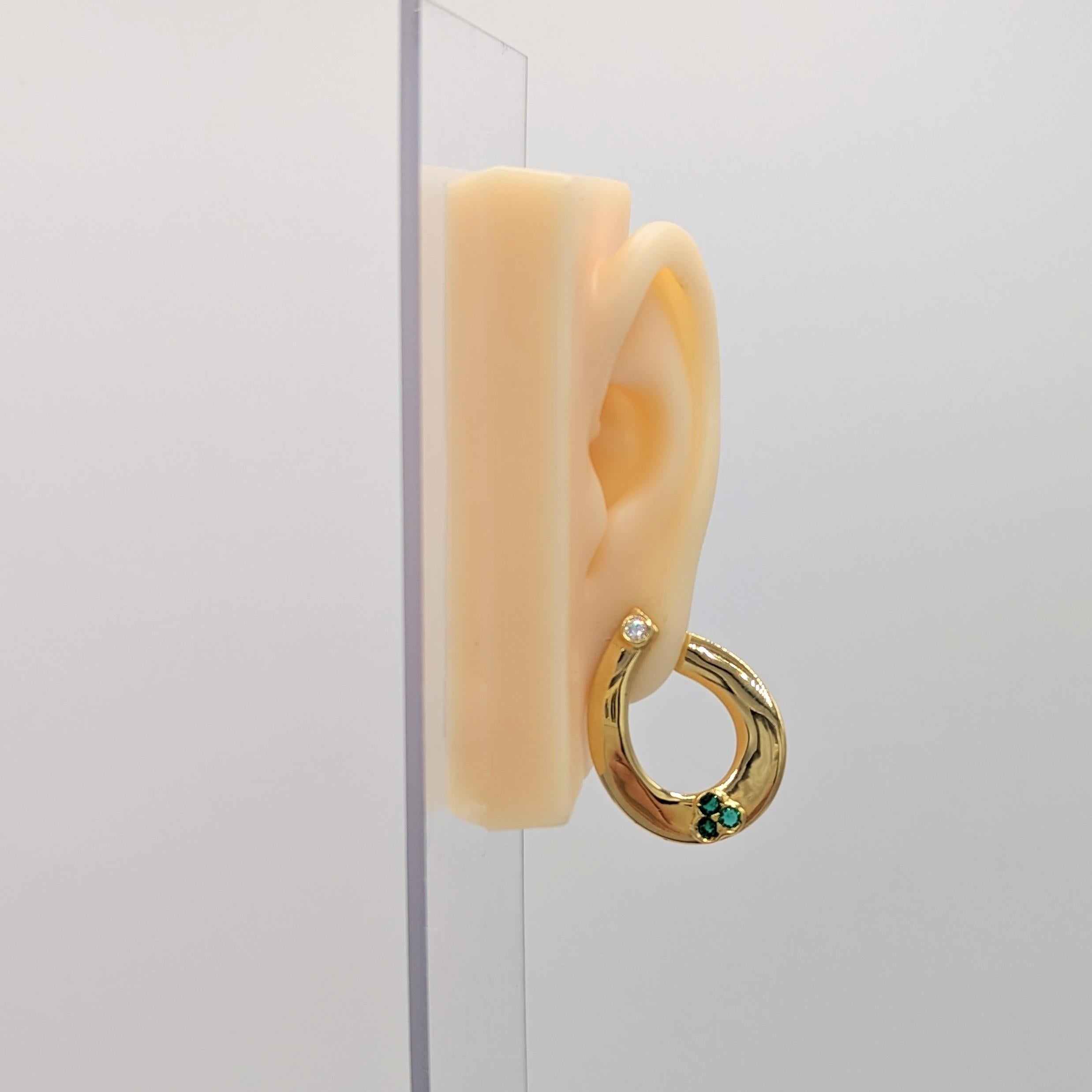 Women's or Men's White Diamond and Emerald Hoop Earrings in 18K Yellow Gold