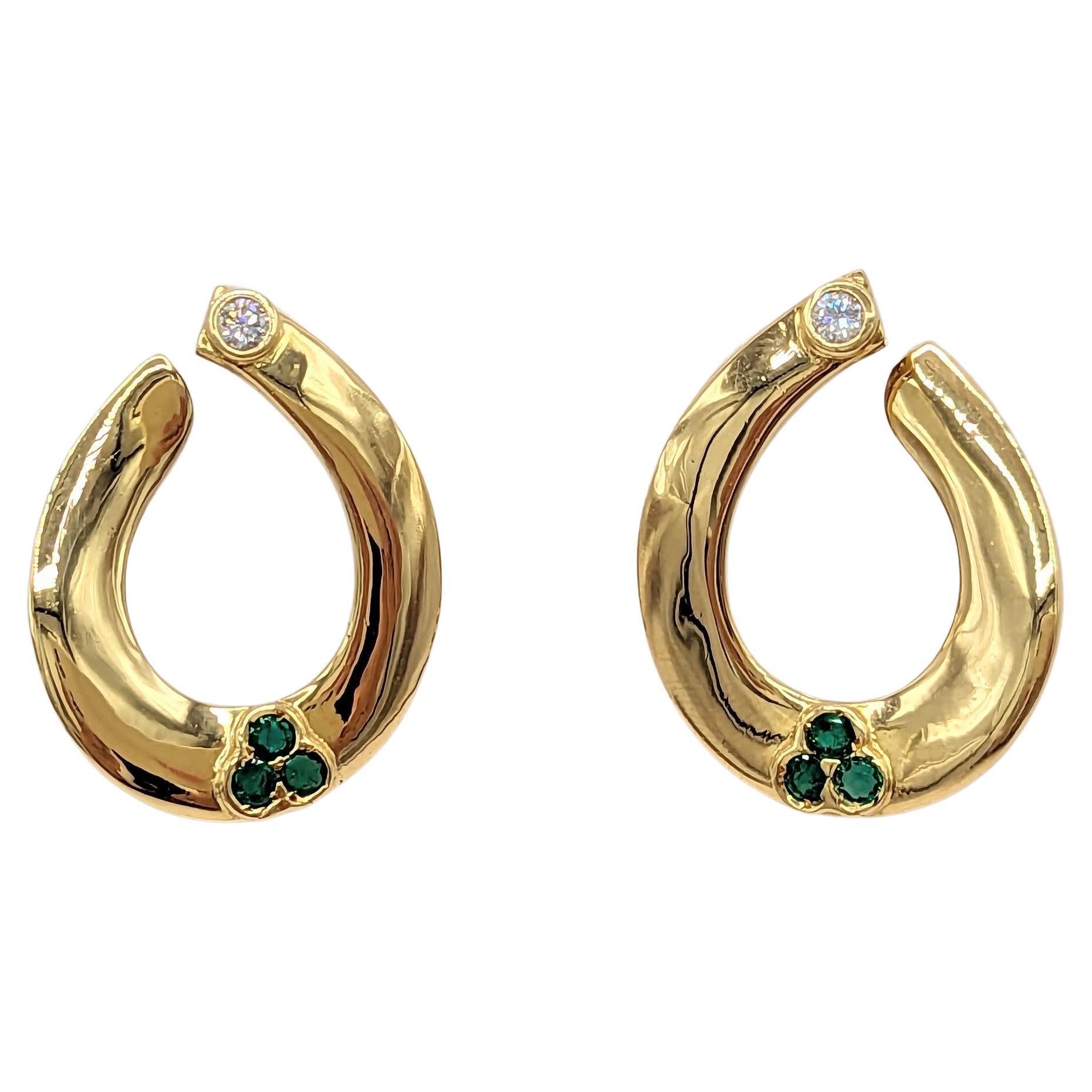 White Diamond and Emerald Hoop Earrings in 18K Yellow Gold