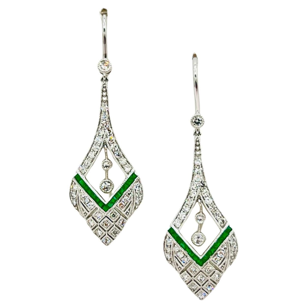 White Diamond and Emerald Square Dangle Earrings in Platinum For Sale