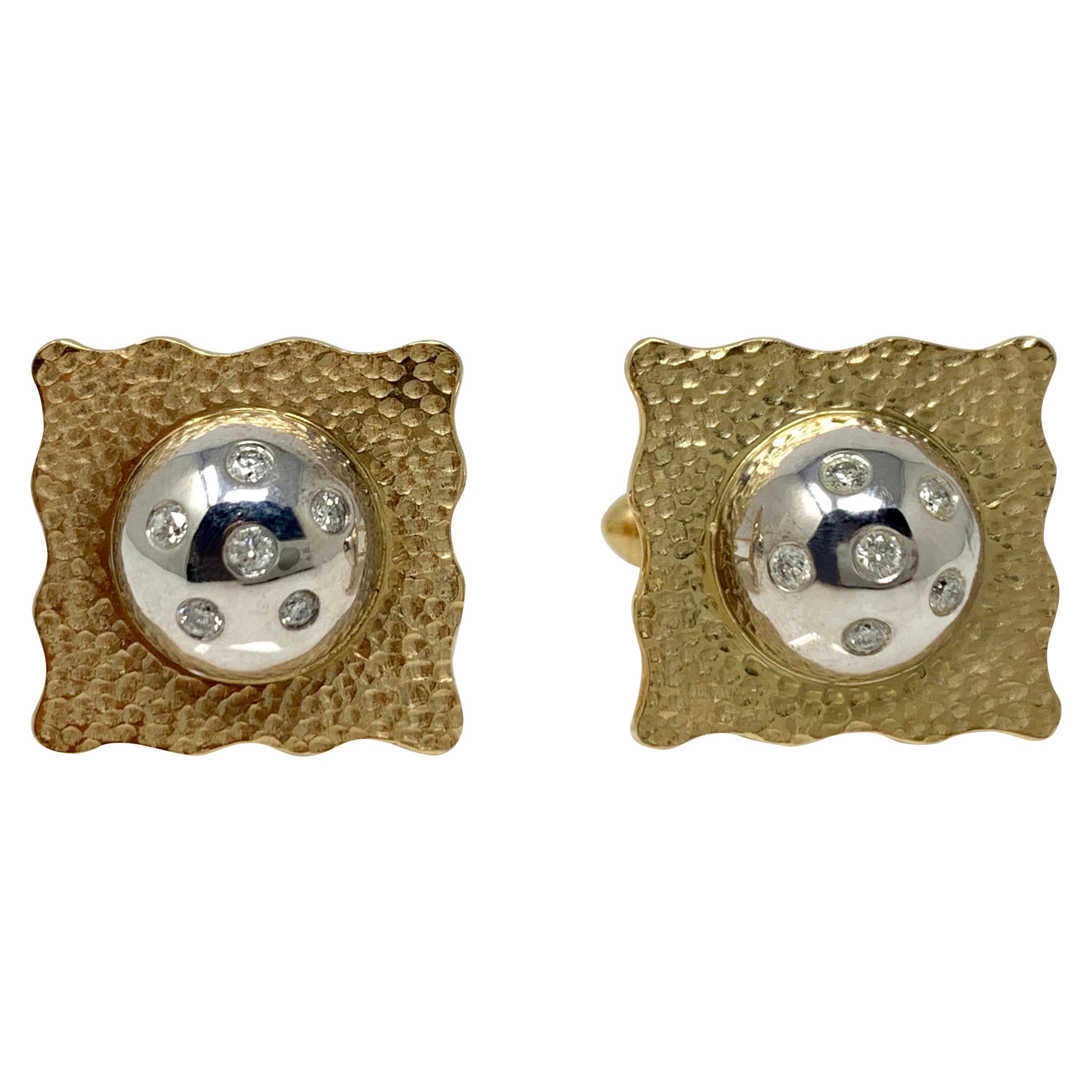 White Diamond and Gold Cufflinks in 14 Karat Yellow Gold  For Sale