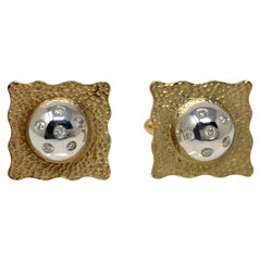 Boutons de manchette en or et diamants blancs en or jaune 14 carats 