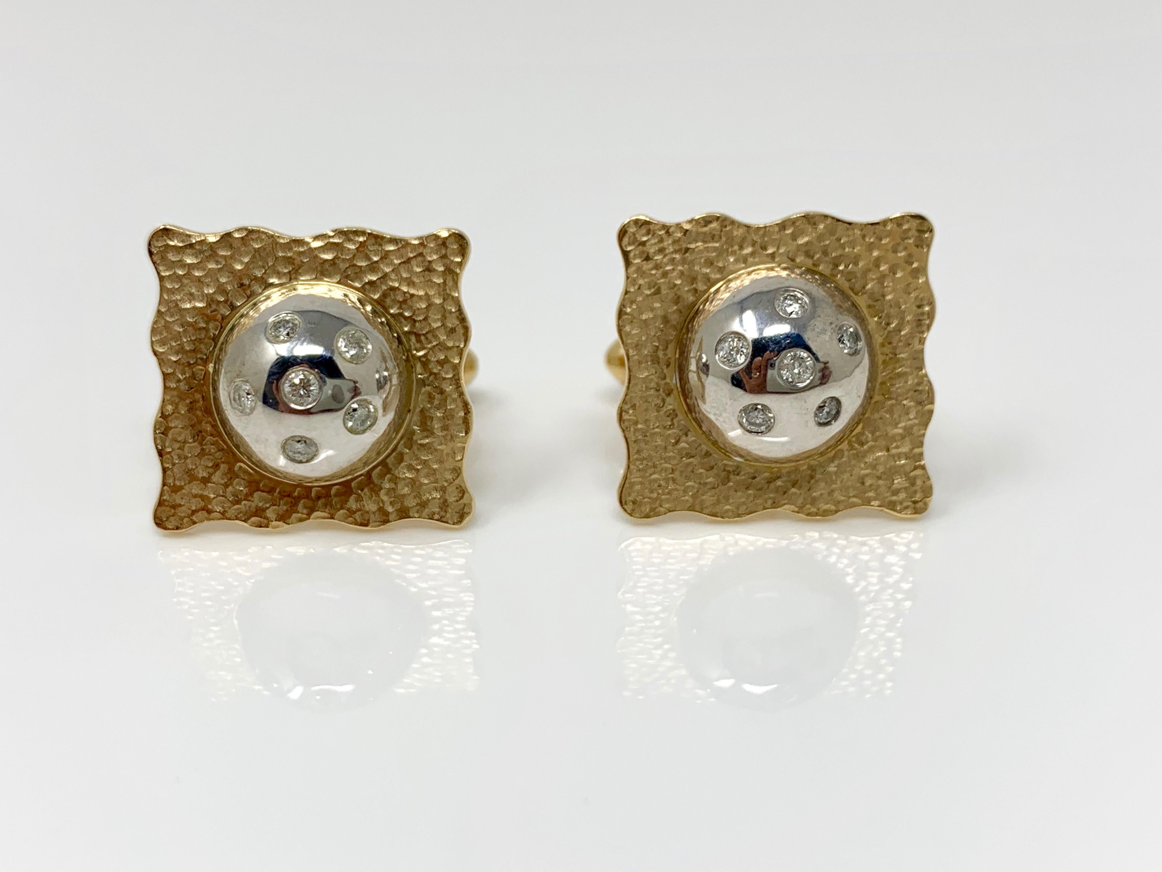 These attractive Yellow gold and diamond cufflinks are beautifully hand crafted. 
Diamond weight :  0.40 carat ( GH color and VS clarity ) 
Metal : 14K yellow gold 
Measurements : 0.6 inch by 0.6 inch 
