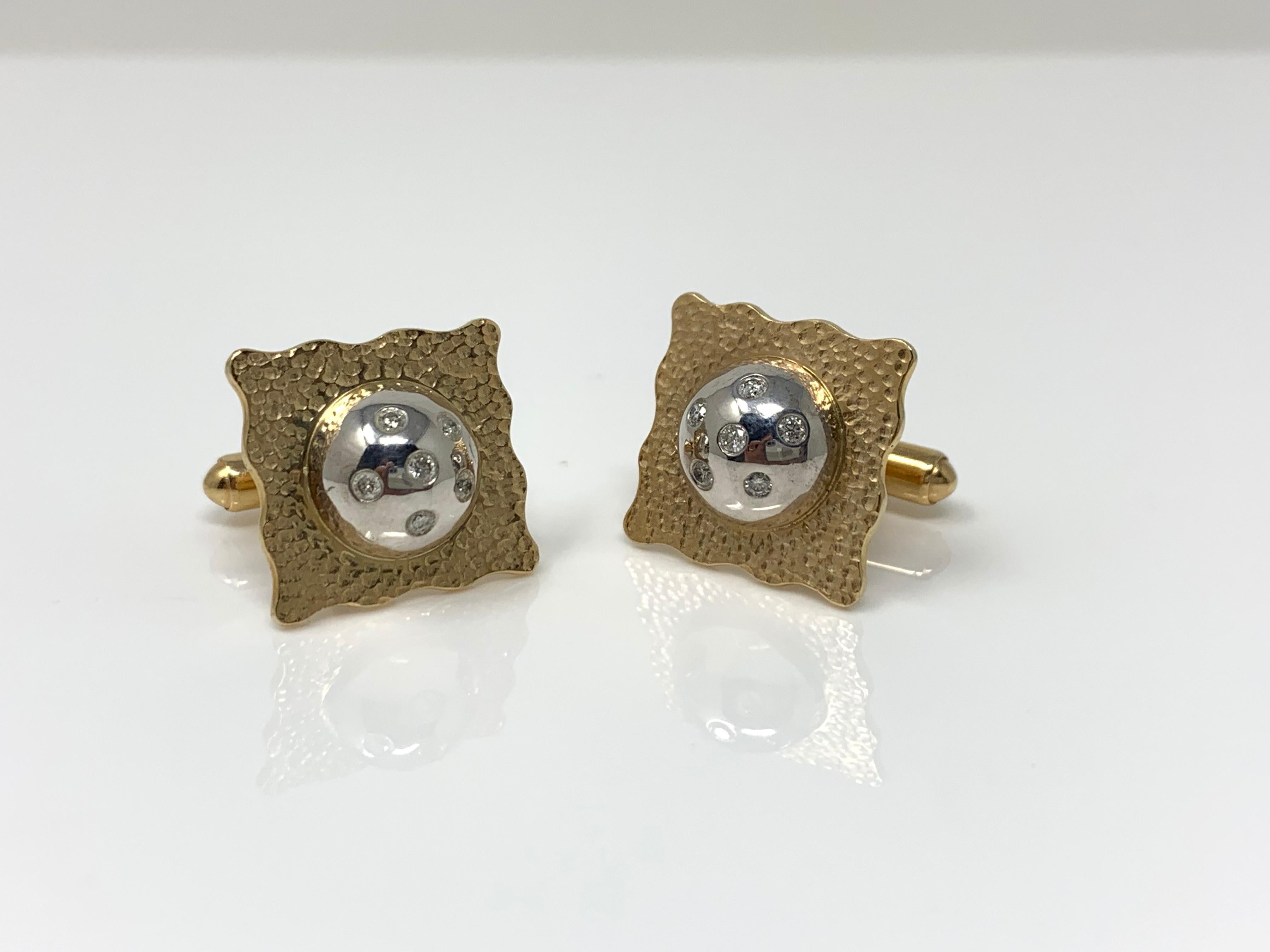 Contemporary White Diamond and Gold Cufflinks in 14 Karat Yellow Gold  For Sale