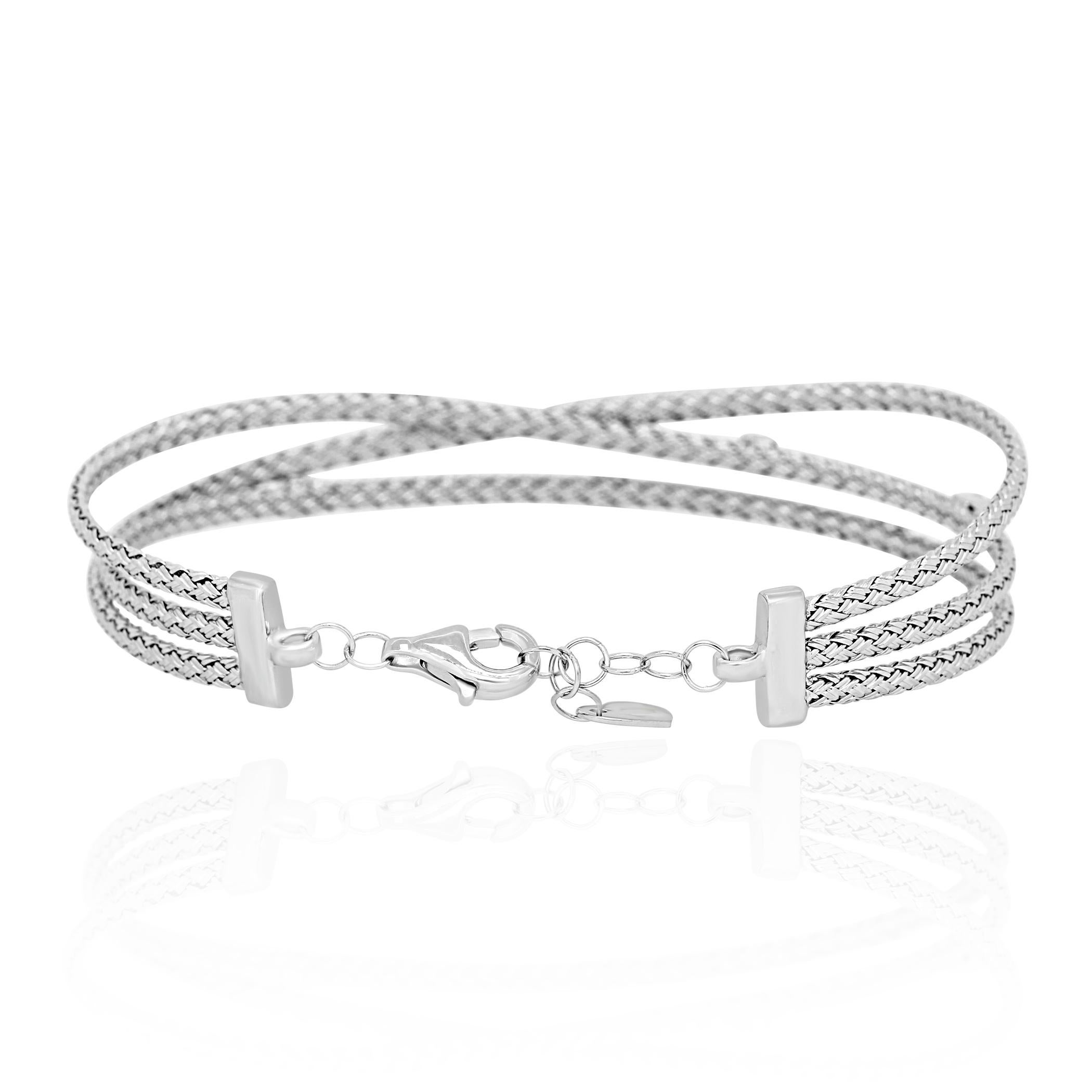 Modern White Diamond and Gold Italian Rope Finish Three-Row Fashion Bangle Bracelet