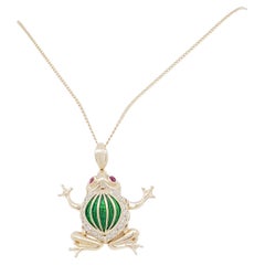 White Diamond and Green Enamel Frog Pendant Necklace in 14k Yellow Gold
