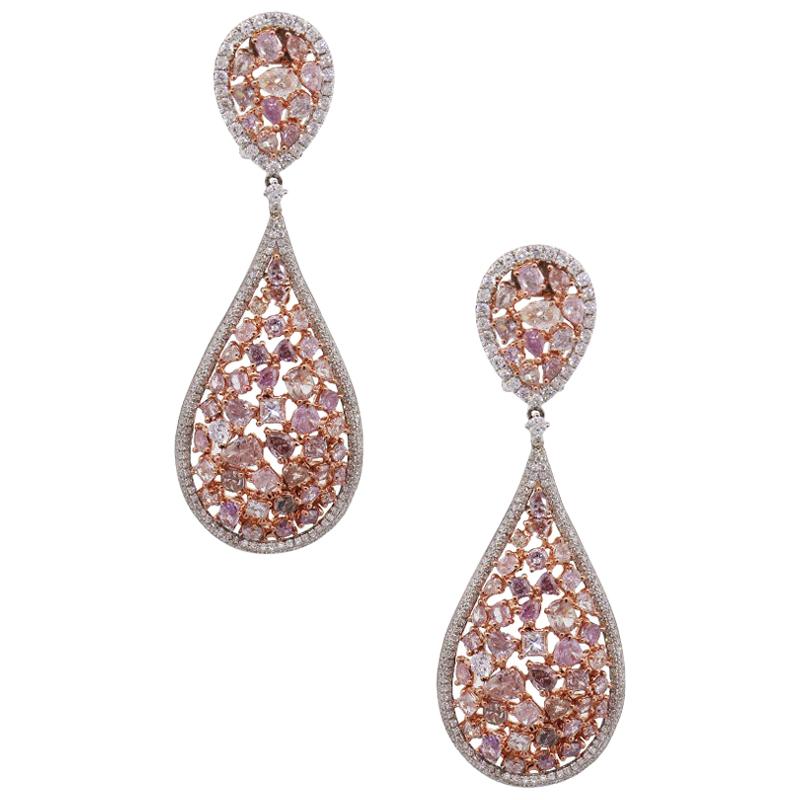 White Diamond and Multi Shape Pink Diamond Tear Drop Cluster Earrings