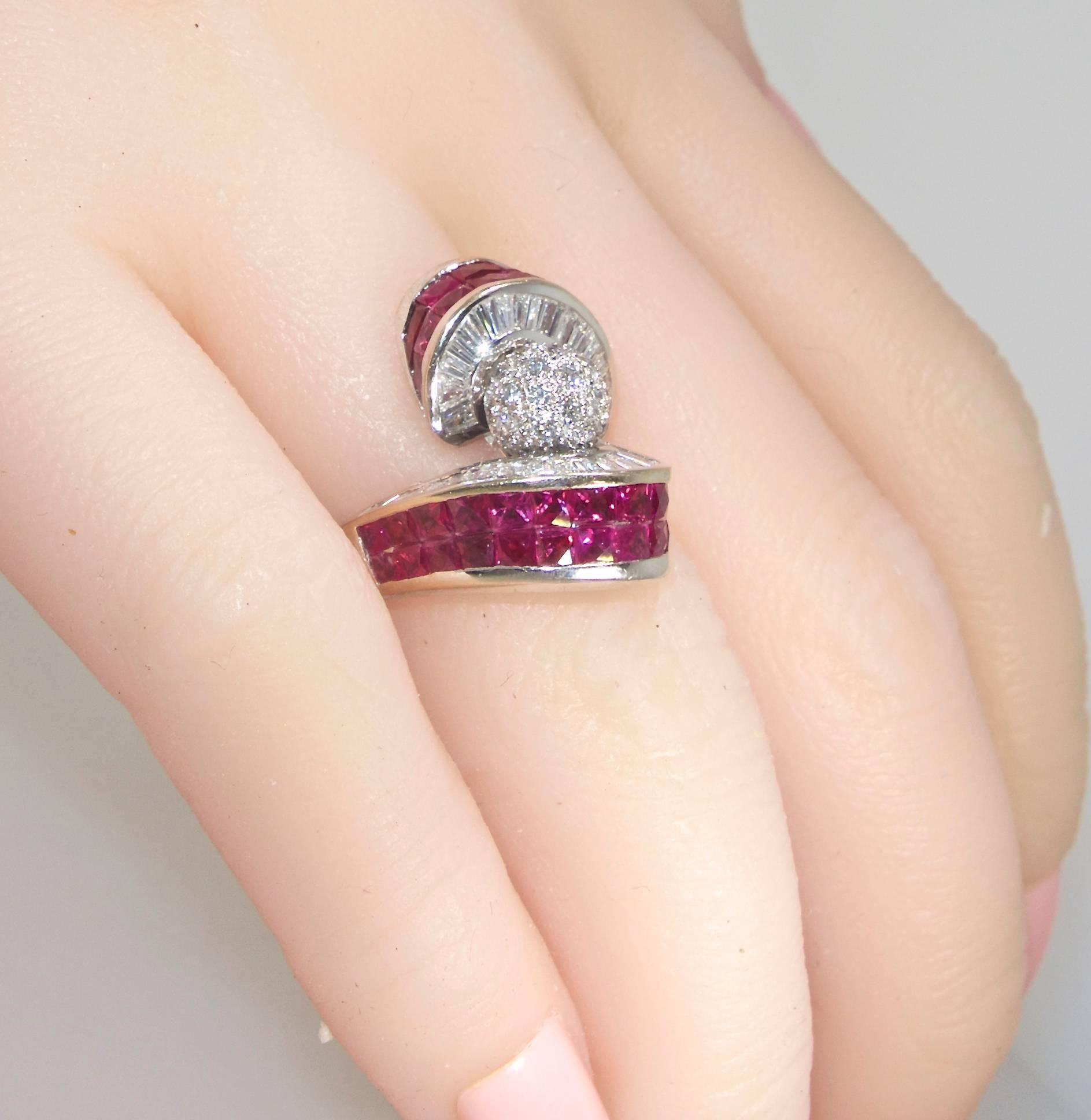 Modern White Diamond and Natural Ruby Ring