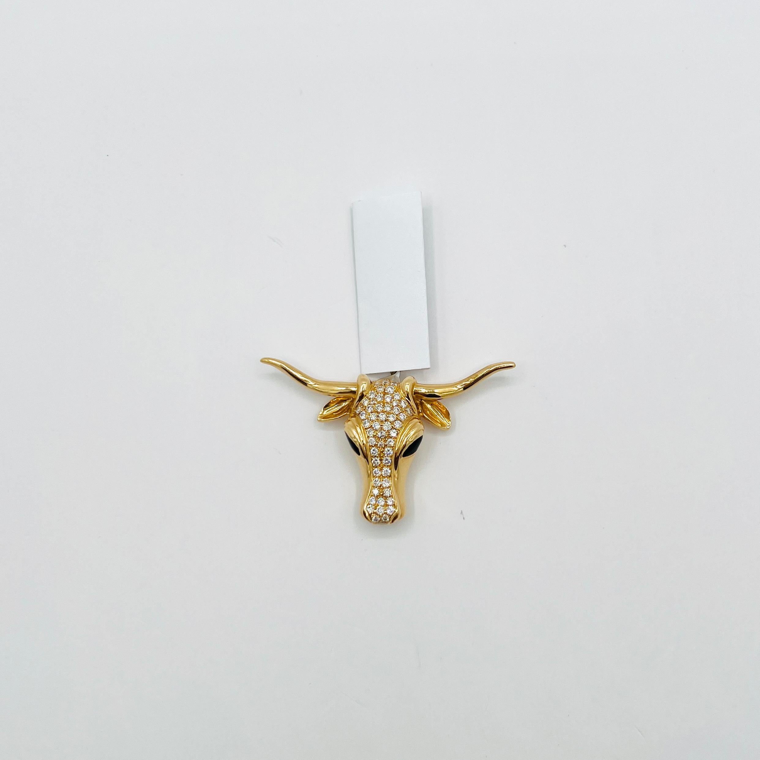 Pendentif Texas Longhorn en or jaune 18 carats, diamant blanc et onyx en vente 1