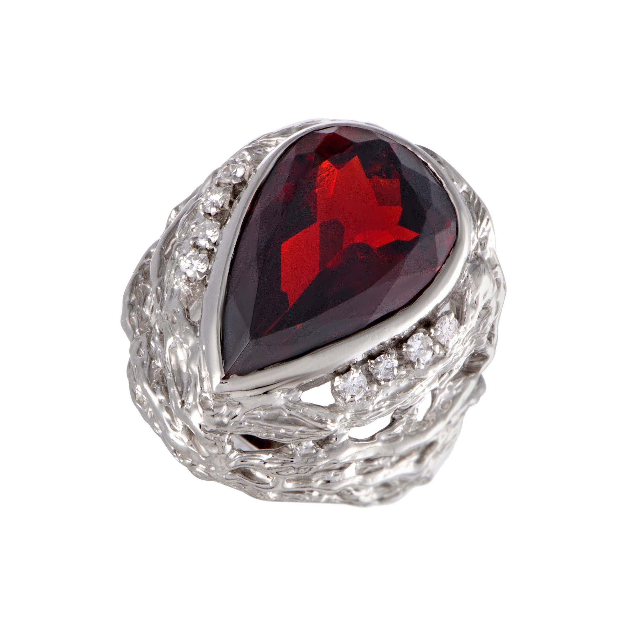 White Diamond and Pear Shaped Garnet Platinum Cocktail Ring