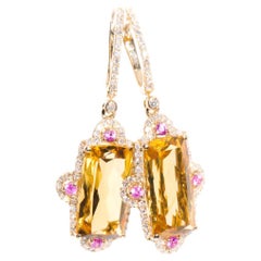 White Diamond and Pink Sapphire and Citrine 9 Carat Yellow Gold Drop Earrings