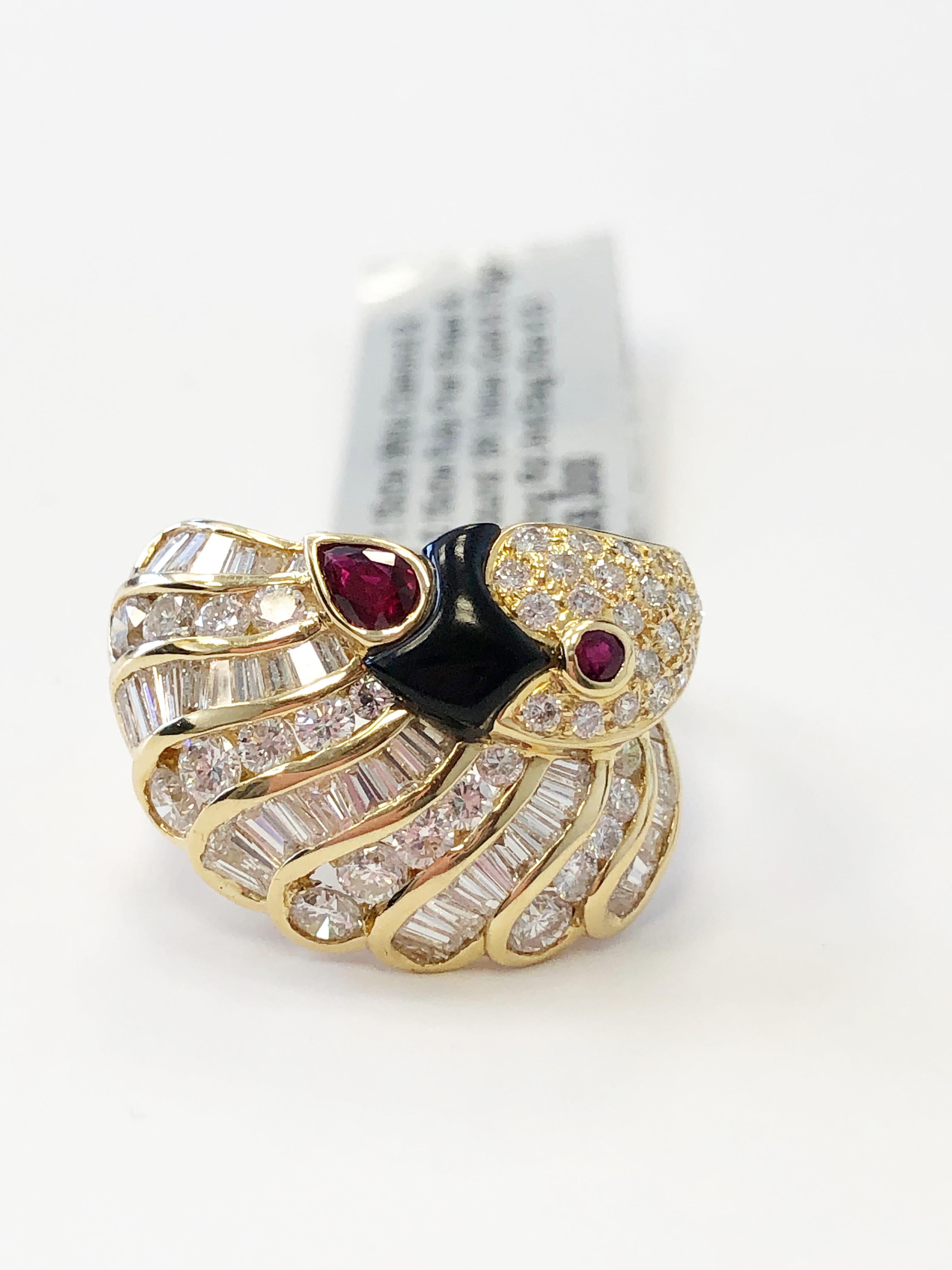 Baguette Cut White Diamond and Ruby Peacock Cocktail Ring in 18 Karat Yellow Gold