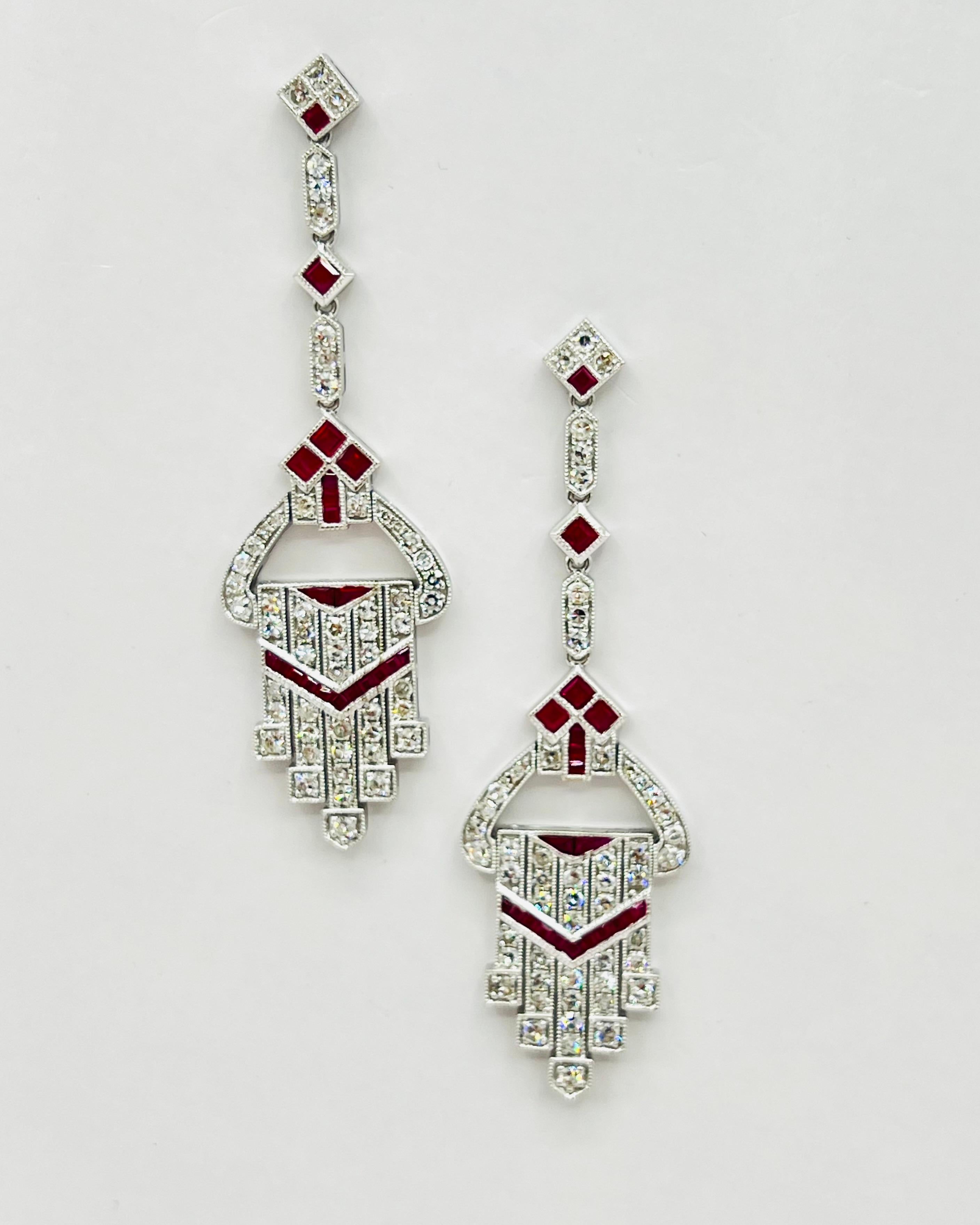 Women's or Men's White Diamond and Ruby Square Dangle Earrings in Platinum For Sale