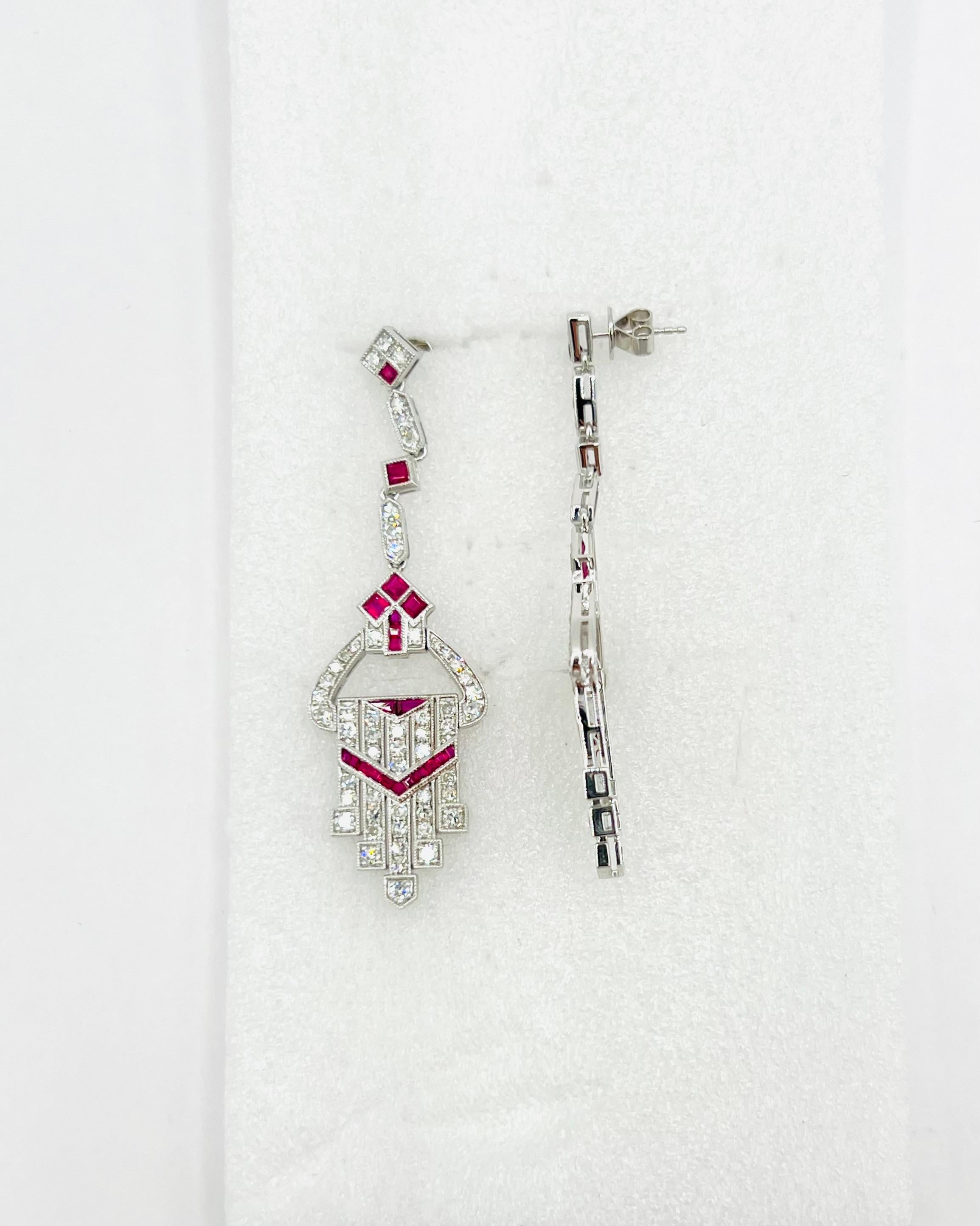 White Diamond and Ruby Square Dangle Earrings in Platinum For Sale 1
