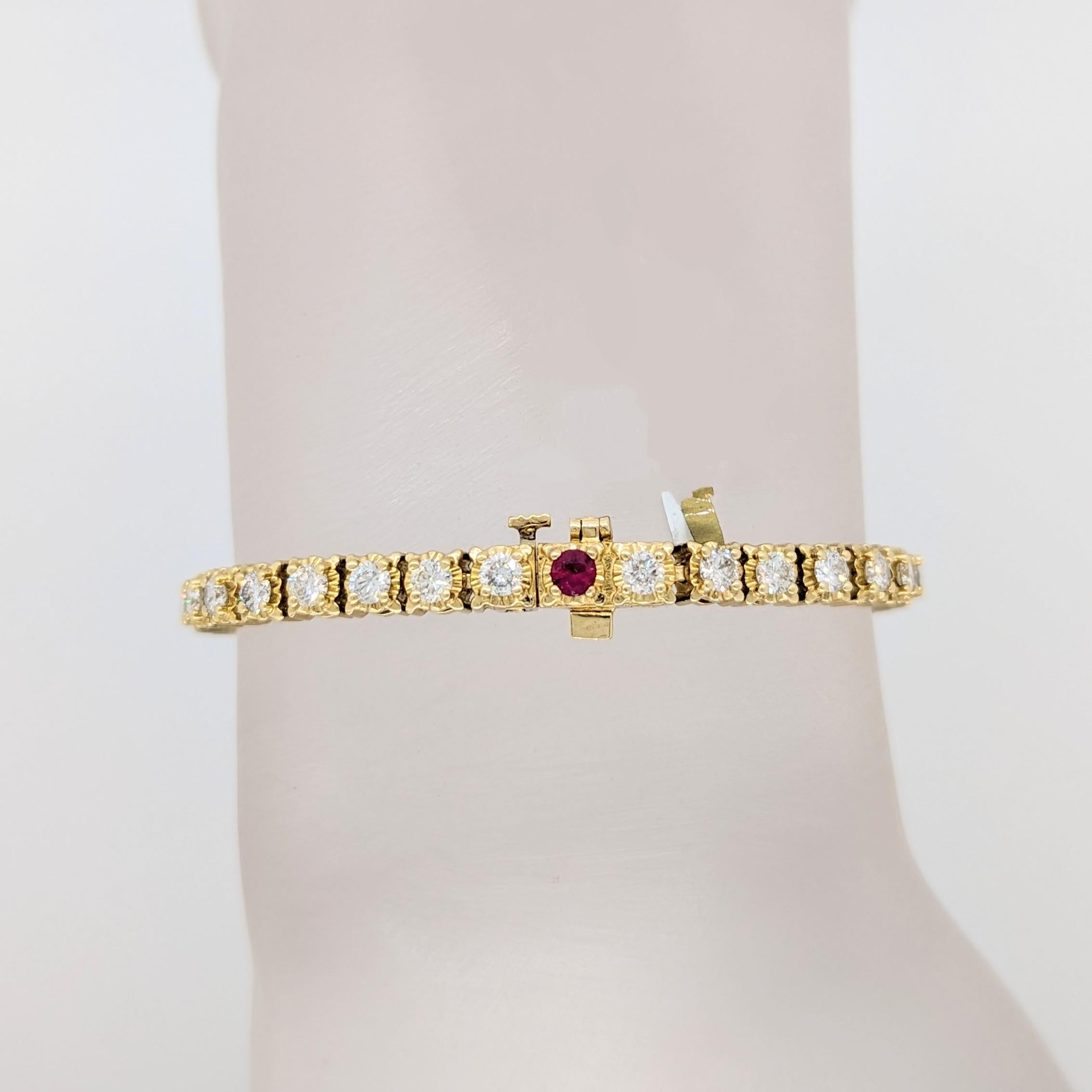 Round Cut White Diamond and Ruby Tennis Bracelet in 14K Yellow Gold For Sale