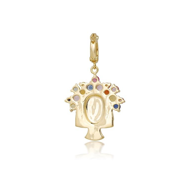 A fun twist on traditional zodiacs.

Virgo horoscope pendant crafted in 18k gold and white enamel, embellished with colourful Sapphire crown. 
The diamond encrusted bezel opens to allow you to securely hook it to any chains.  

 - 18k Rose, Yellow