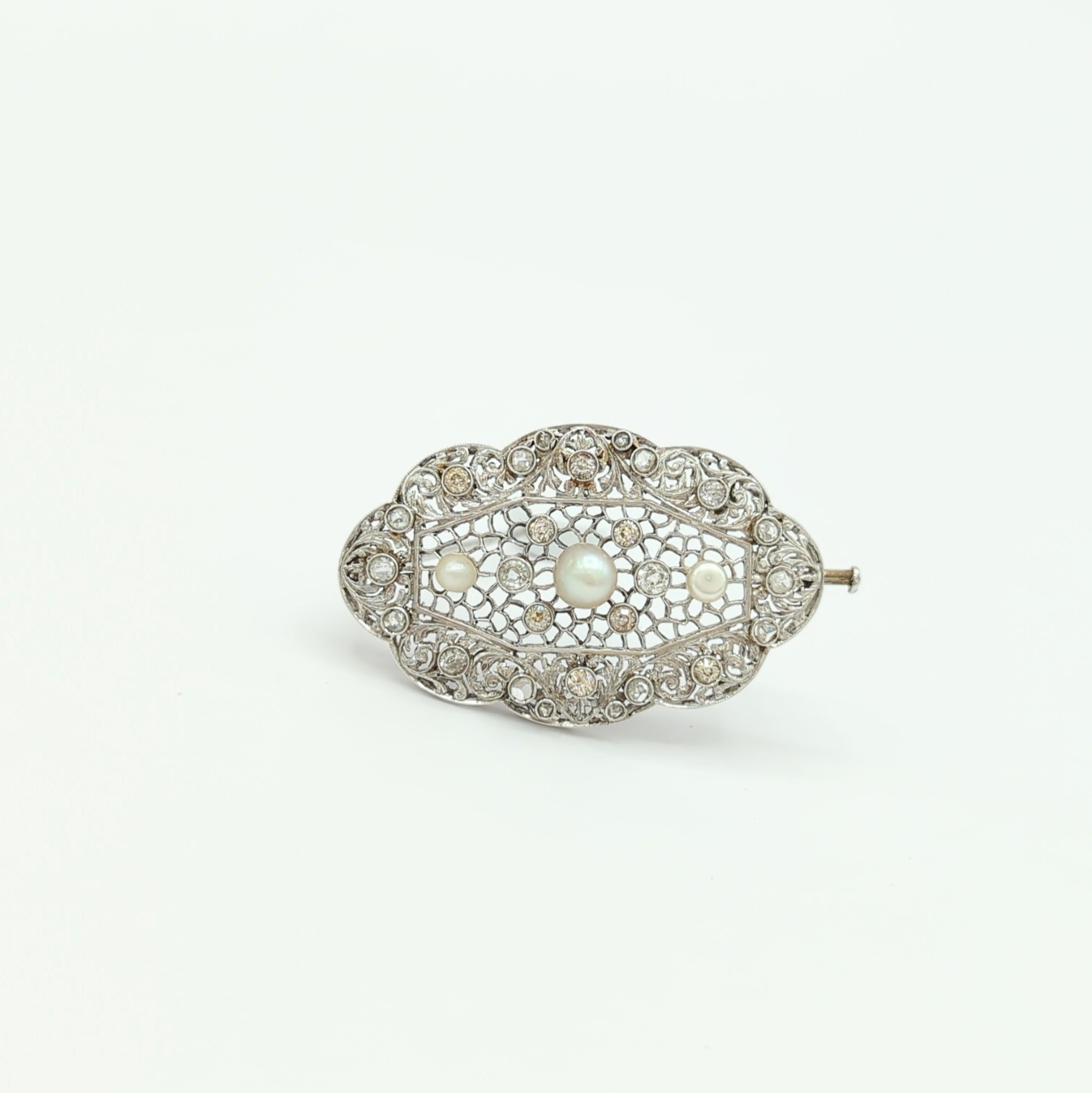 Women's or Men's White Diamond and White Pearl Brooch in 18K White Gold