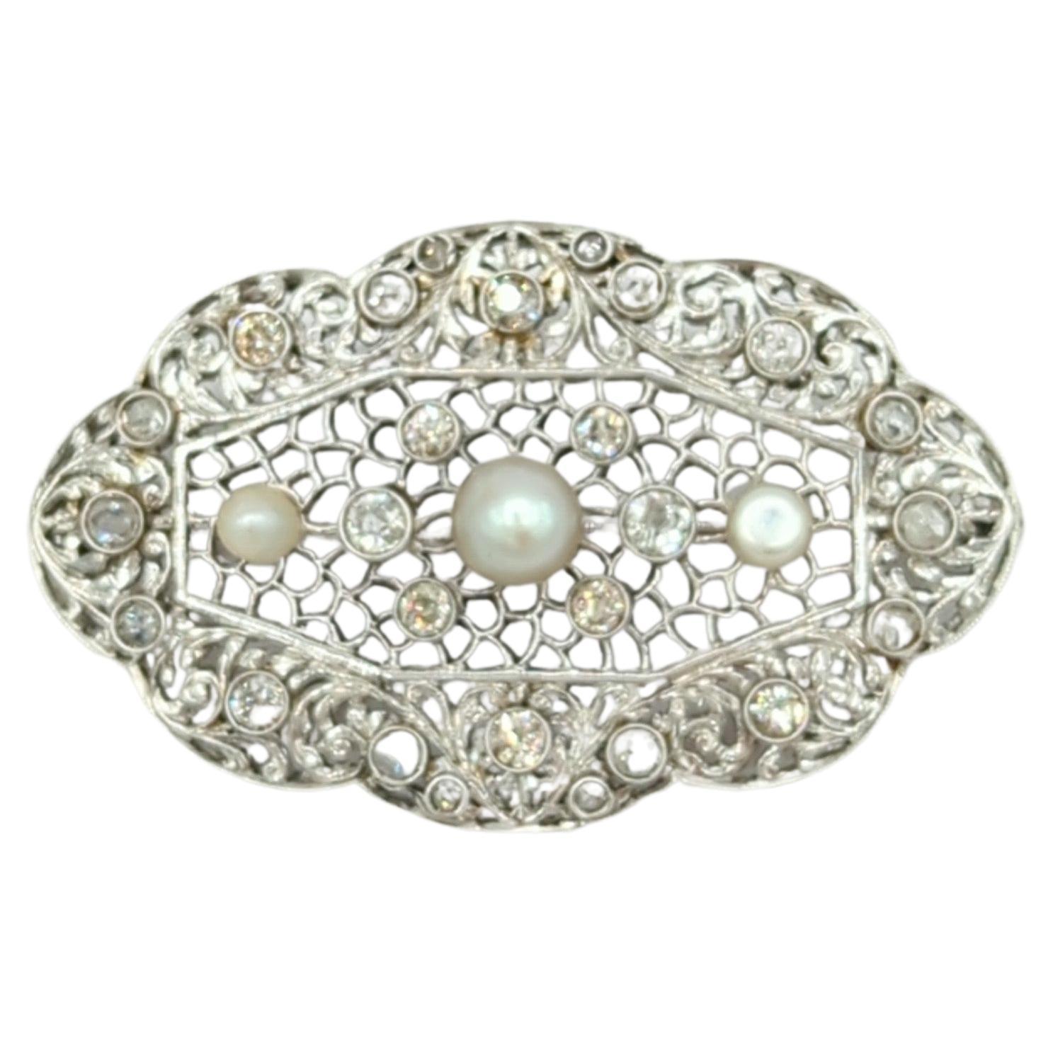 White Diamond and White Pearl Brooch in 18K White Gold