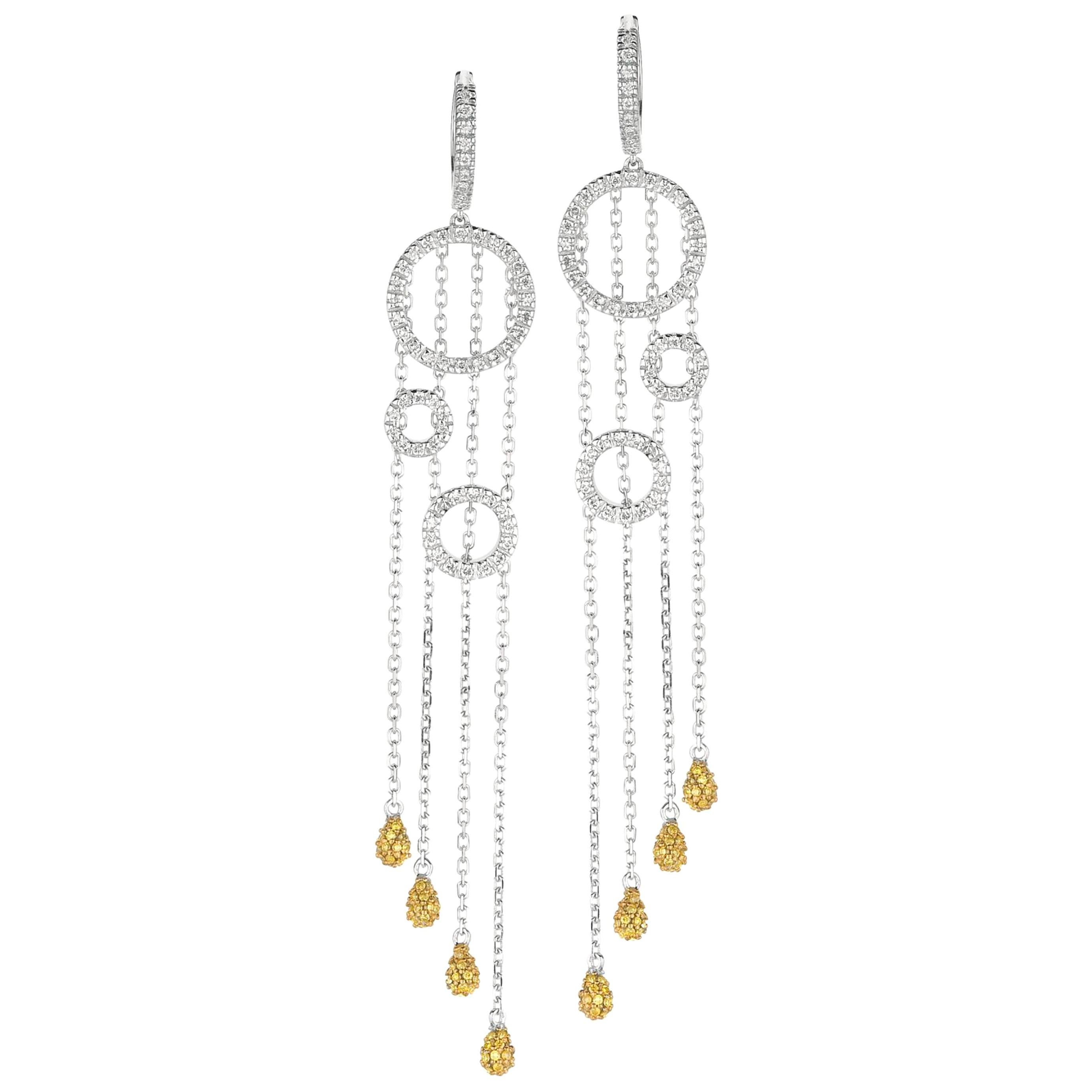White Diamond and Yellow Diamond Cathedral Drop White Gold Earrings