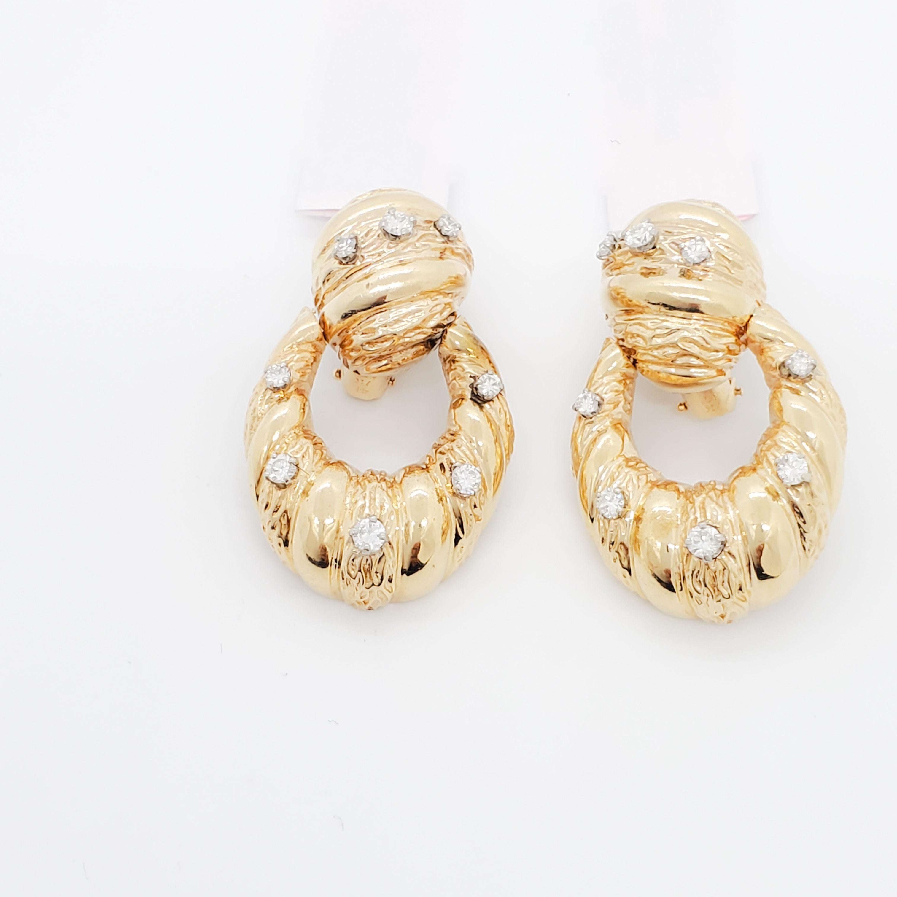 White Diamond and Yellow Gold Earring Clips Door Knocker Design In New Condition For Sale In Los Angeles, CA