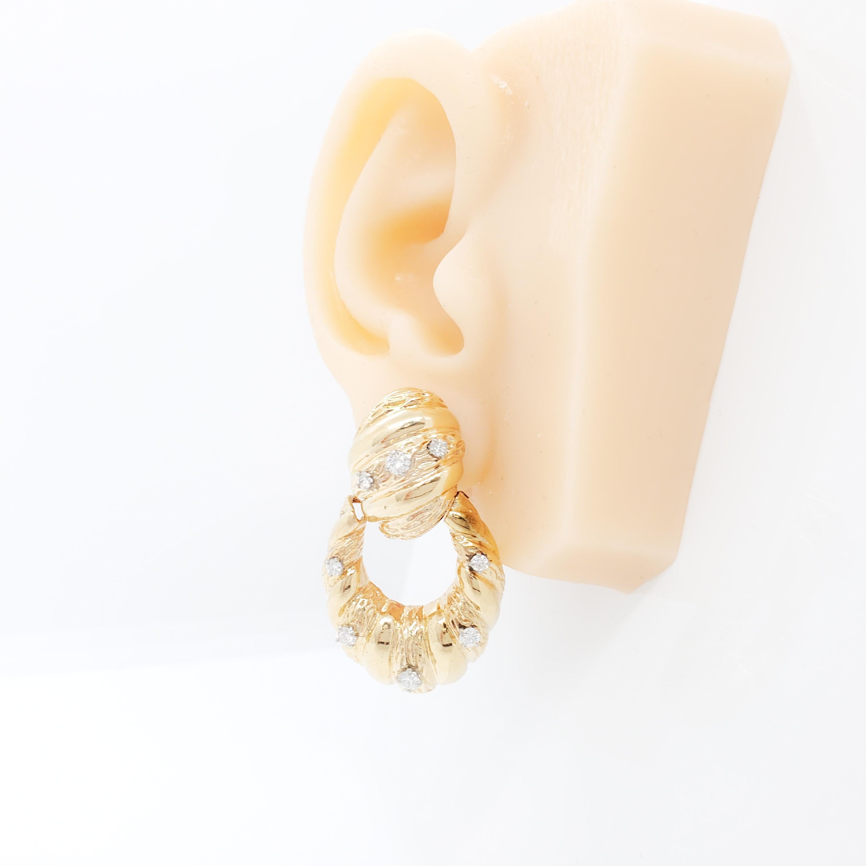 Round Cut White Diamond and Yellow Gold Earring Clips Door Knocker Design For Sale