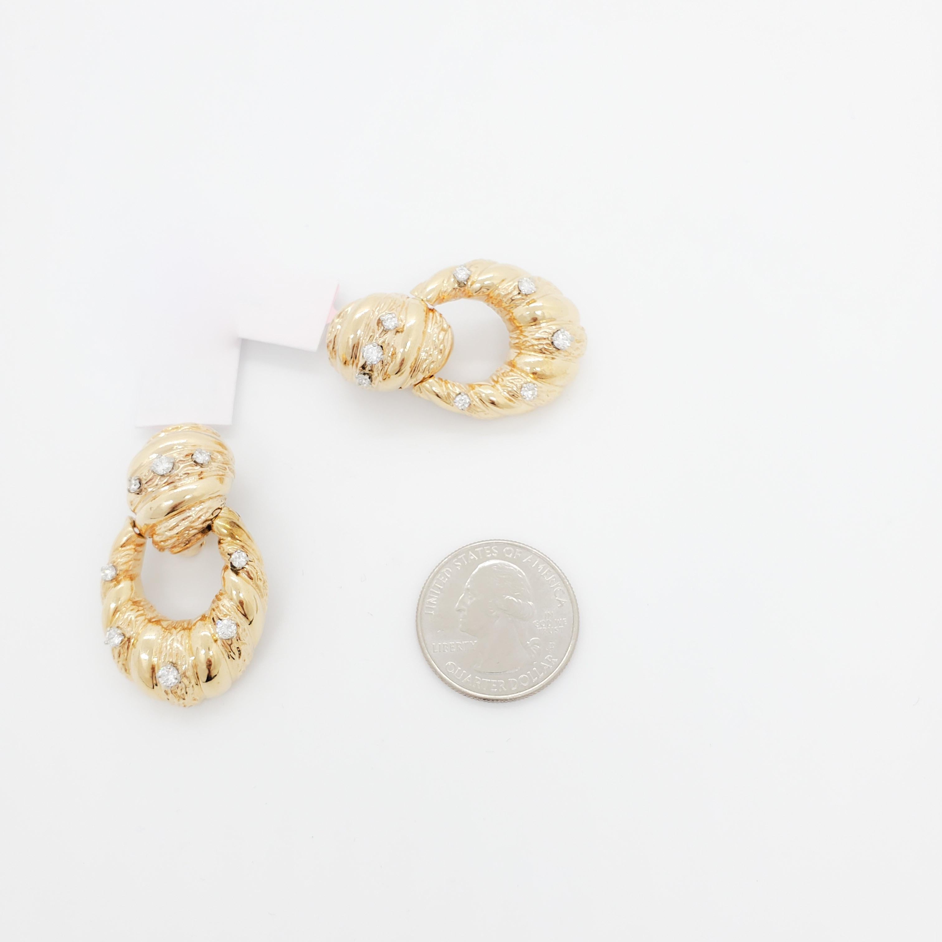 Women's or Men's White Diamond and Yellow Gold Earring Clips Door Knocker Design For Sale
