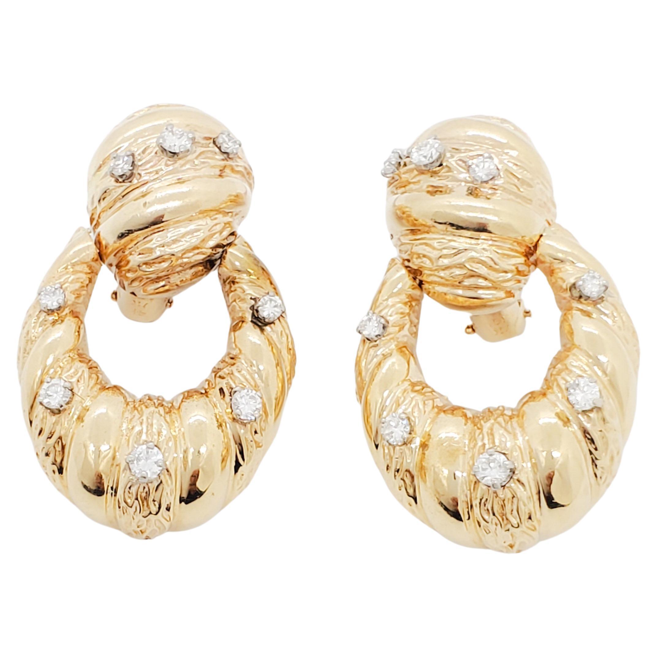 White Diamond and Yellow Gold Earring Clips Door Knocker Design For Sale