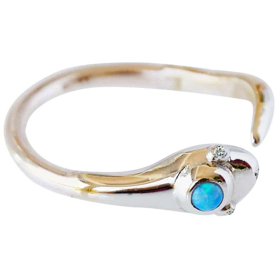 Brilliant Cut White Diamond Aquamarine Snake Ring Cocktail Ring Gold J Dauphin For Sale