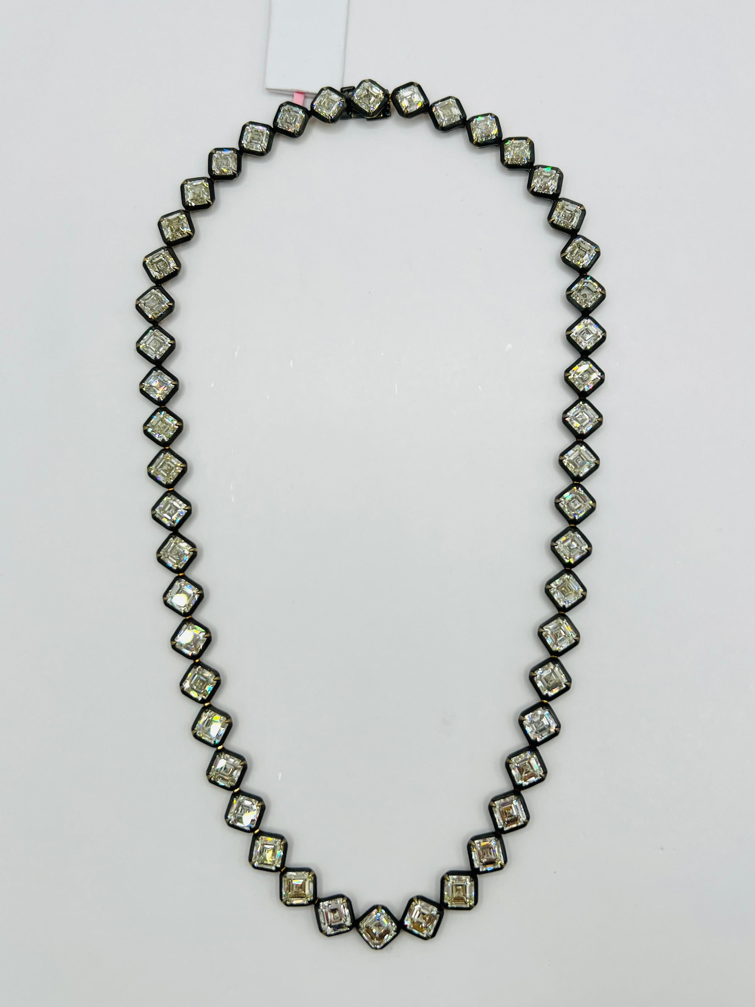 White Diamond Asscher Diagonal Tennis Necklace in Black Rhodium 
18K