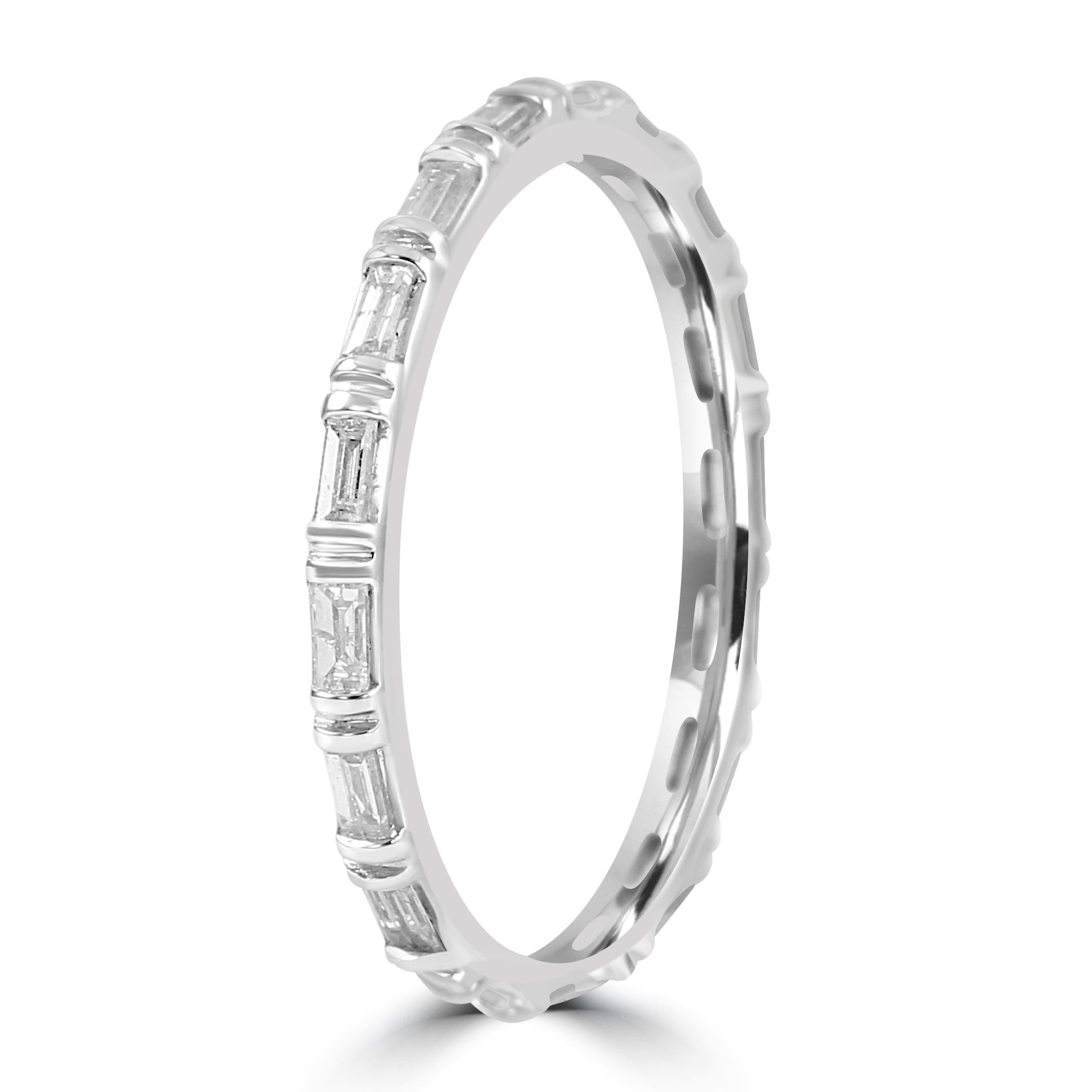 Modern White Diamond Baguette 0.49 Carat 14 Karat White Gold Fashion Eternity Band Ring For Sale