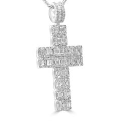 White Diamond Baguette and Round 14 Karat Gold Cross Fashion Statement Pendant