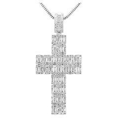 White Diamond Baguette and Round 14 Karat Gold Cross Fashion Statement Pendant