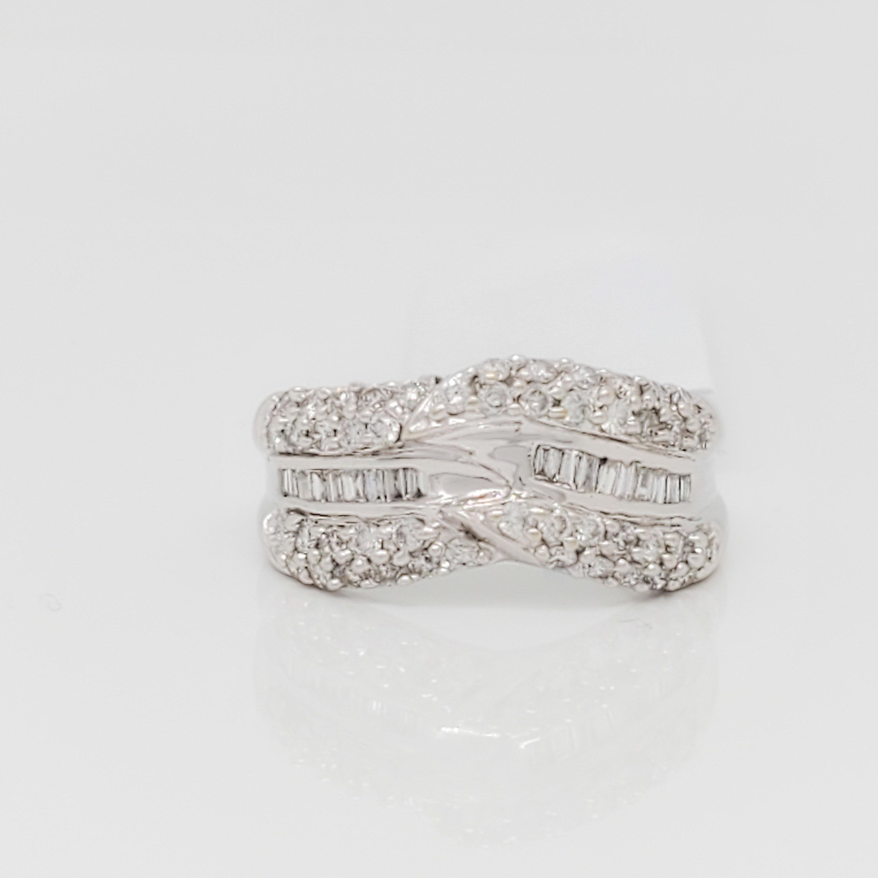 Baguette Cut White Diamond Baguette and Round Band Ring in 14k White Gold For Sale