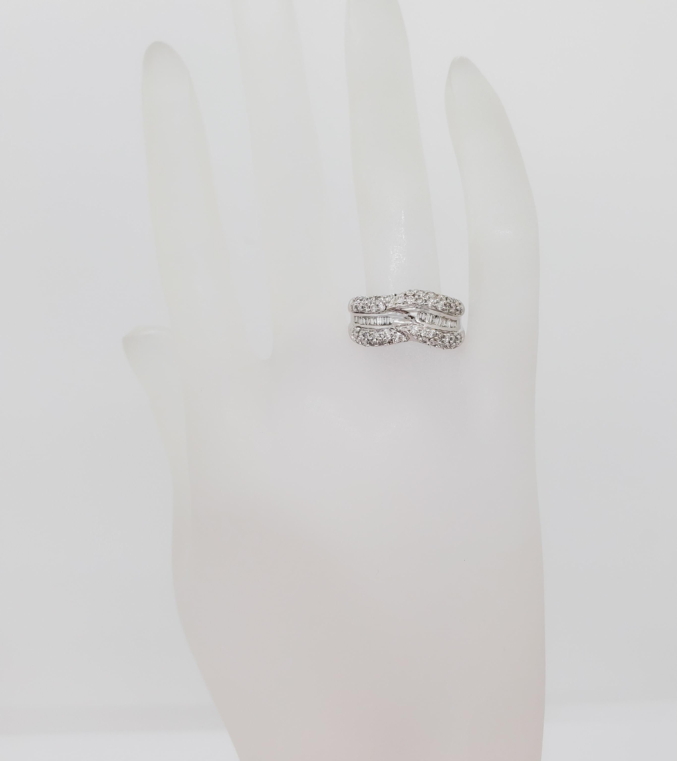 White Diamond Baguette and Round Band Ring in 14k White Gold For Sale 2