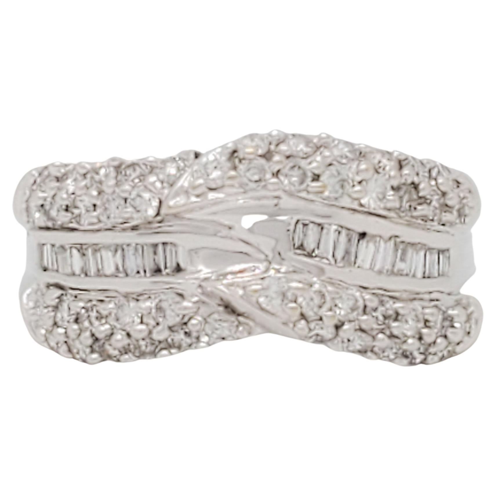 White Diamond Baguette and Round Band Ring in 14k White Gold For Sale