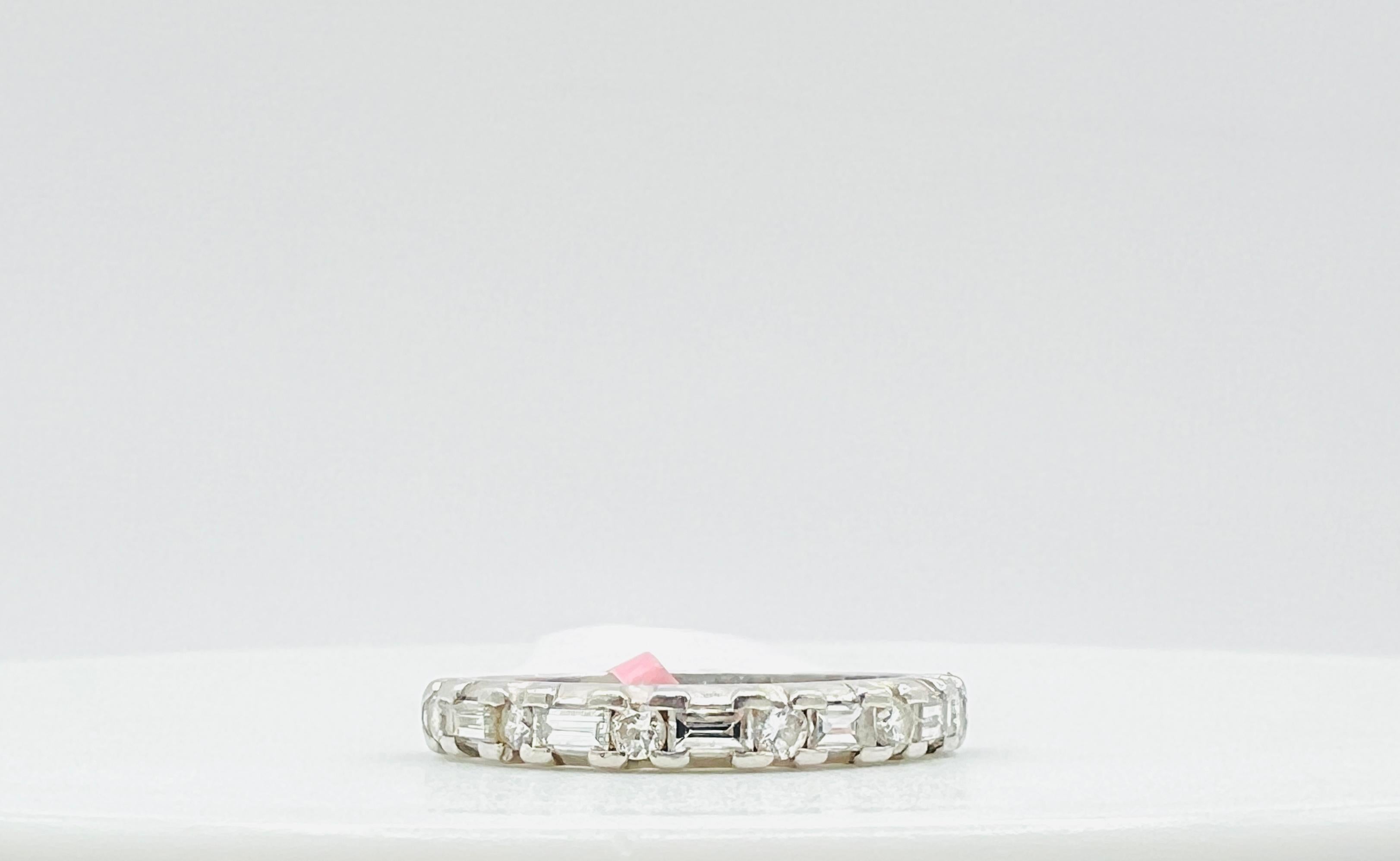 White Diamond Baguette and Round Band Ring in Platinum For Sale 3