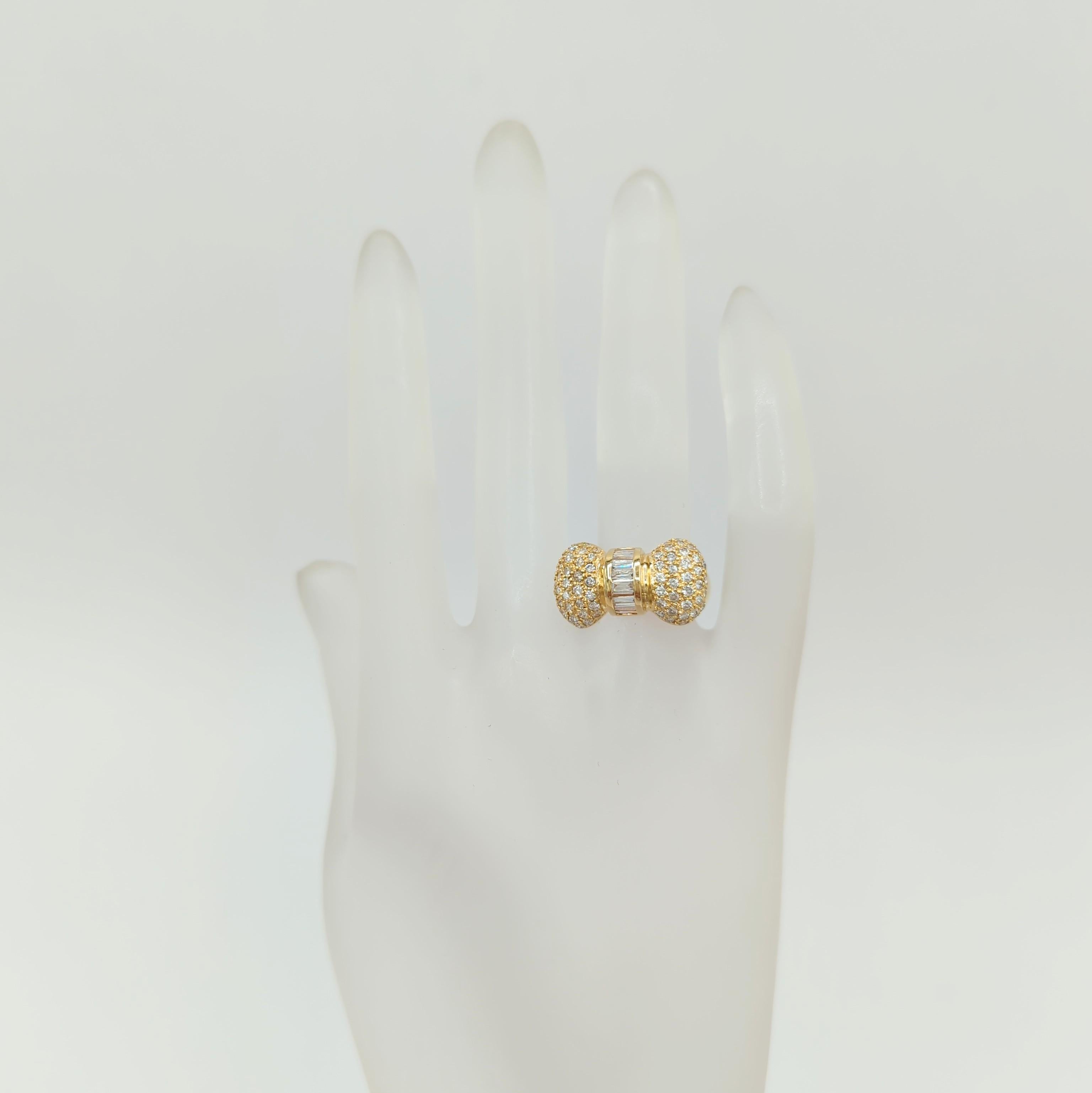 White Diamond Baguette and Round Bow Design Ring in 18 Karat Yellow Gold 1