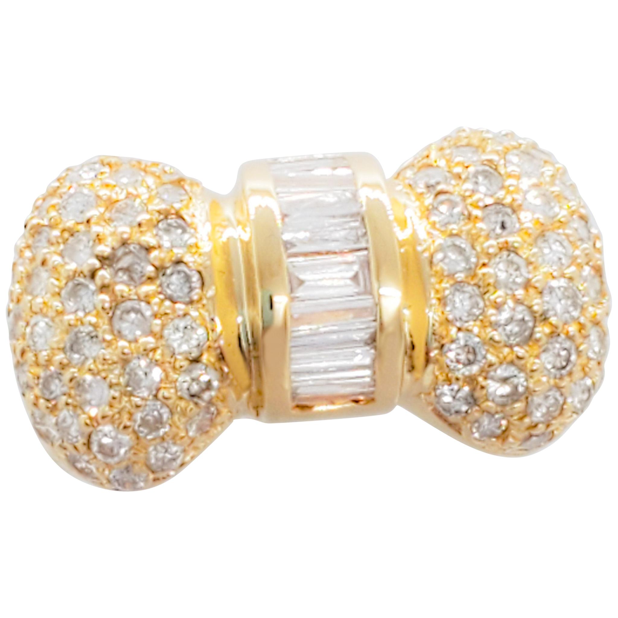 White Diamond Baguette and Round Bow Design Ring in 18 Karat Yellow Gold